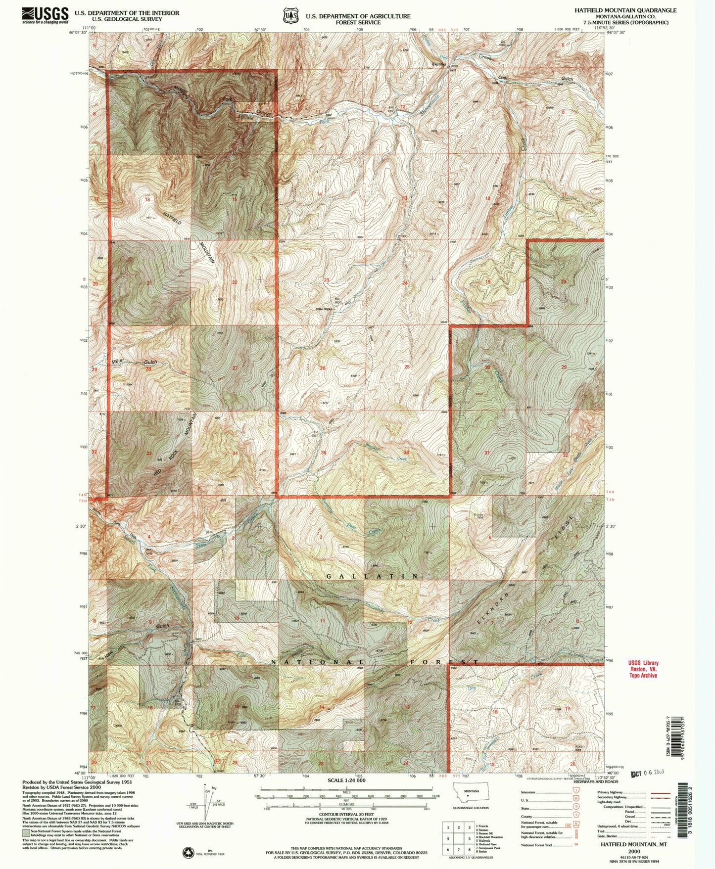 Classic USGS Hatfield Mountain Montana 7.5'x7.5' Topo Map Image