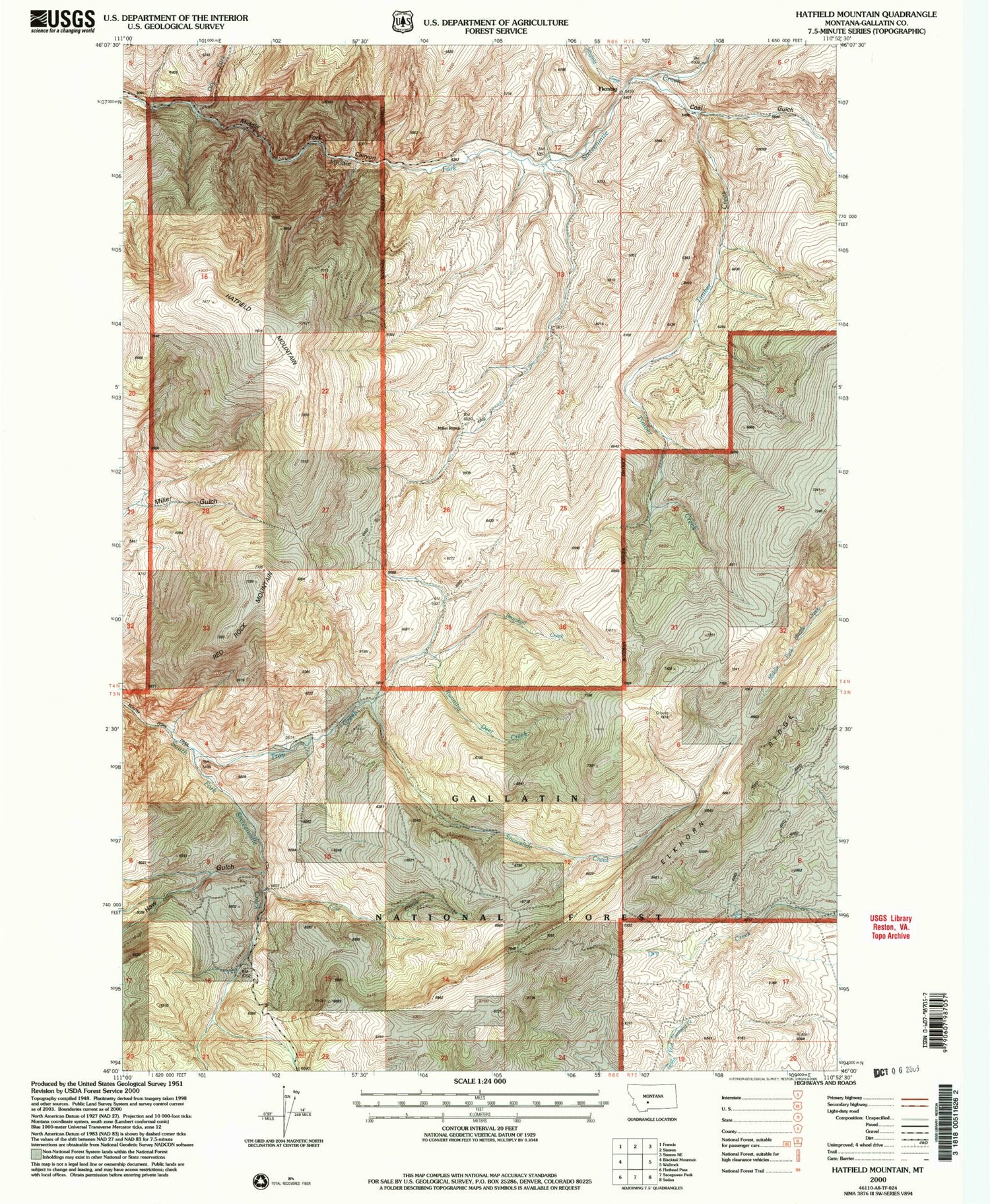 Classic USGS Hatfield Mountain Montana 7.5'x7.5' Topo Map Image