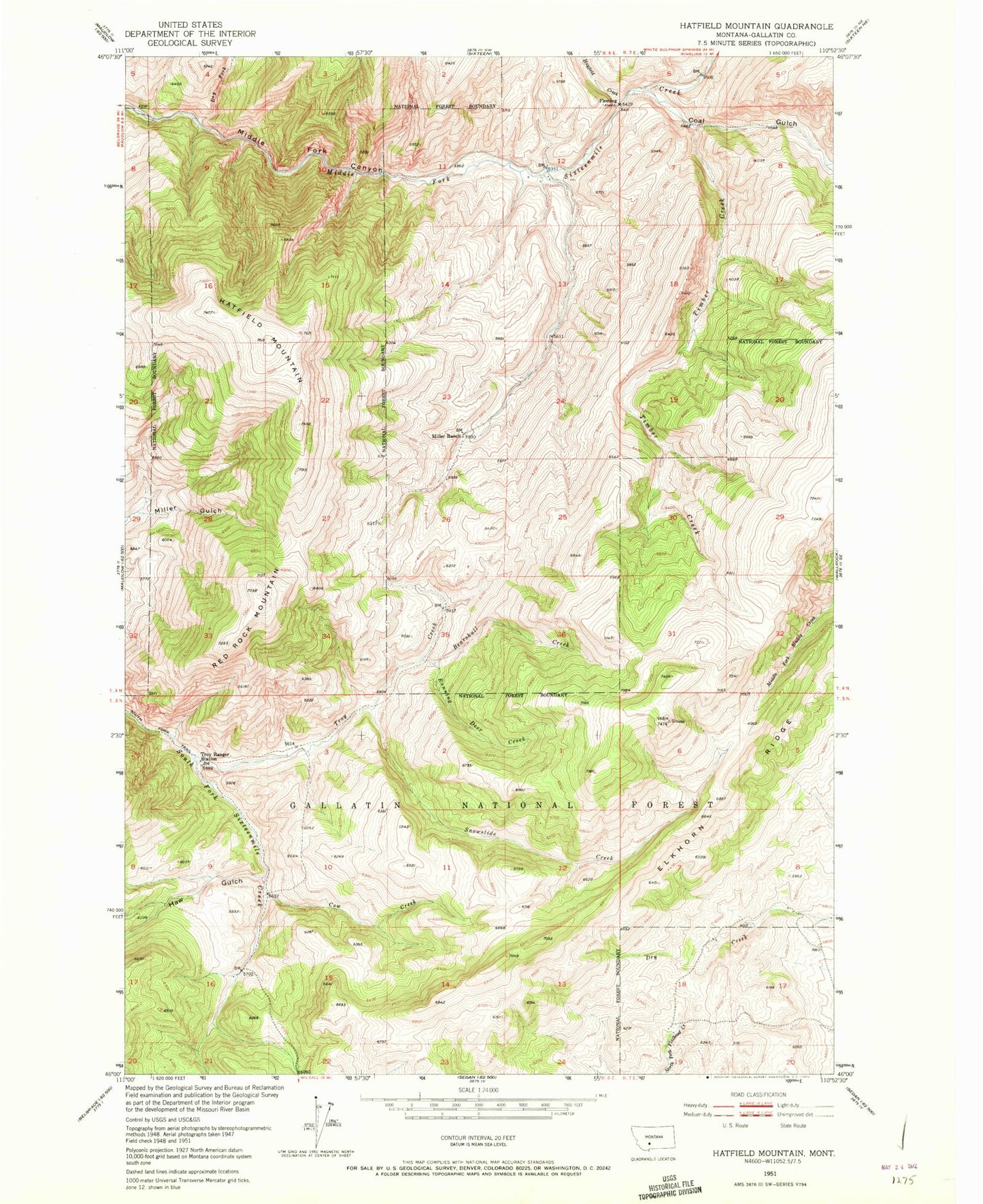 Classic USGS Hatfield Mountain Montana 7.5'x7.5' Topo Map Image