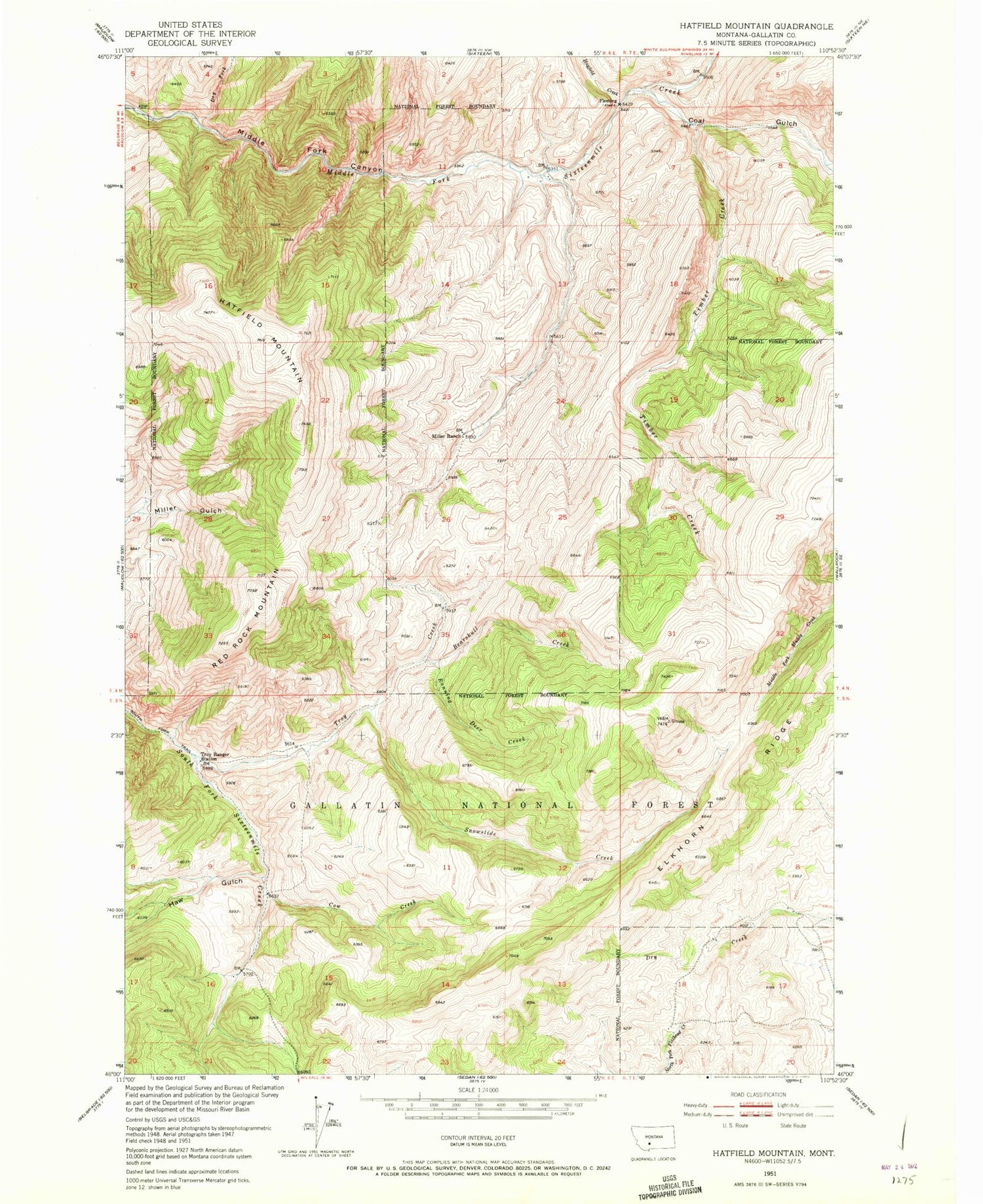 Classic USGS Hatfield Mountain Montana 7.5'x7.5' Topo Map Image