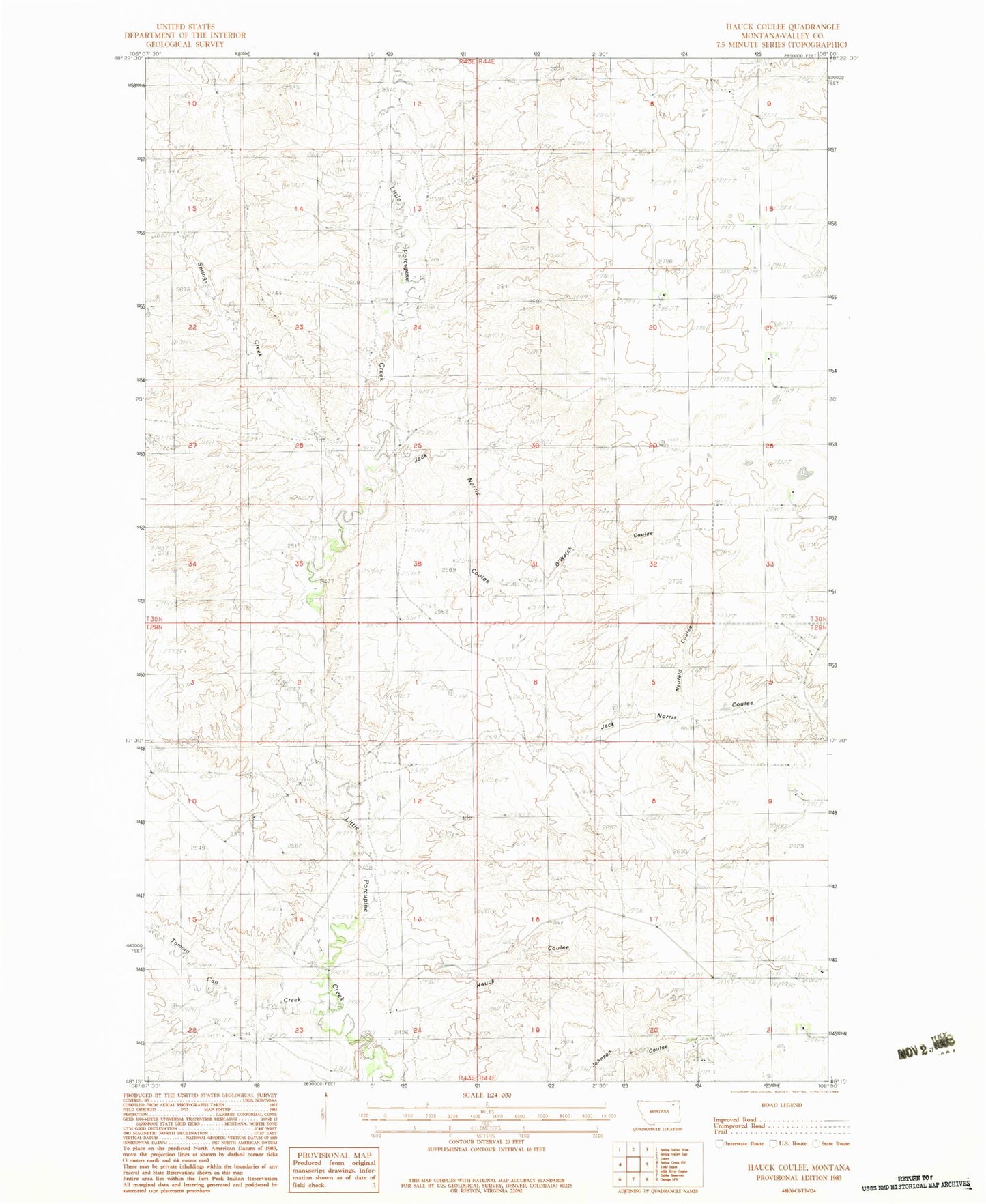 Classic USGS Hauck Coulee Montana 7.5'x7.5' Topo Map Image