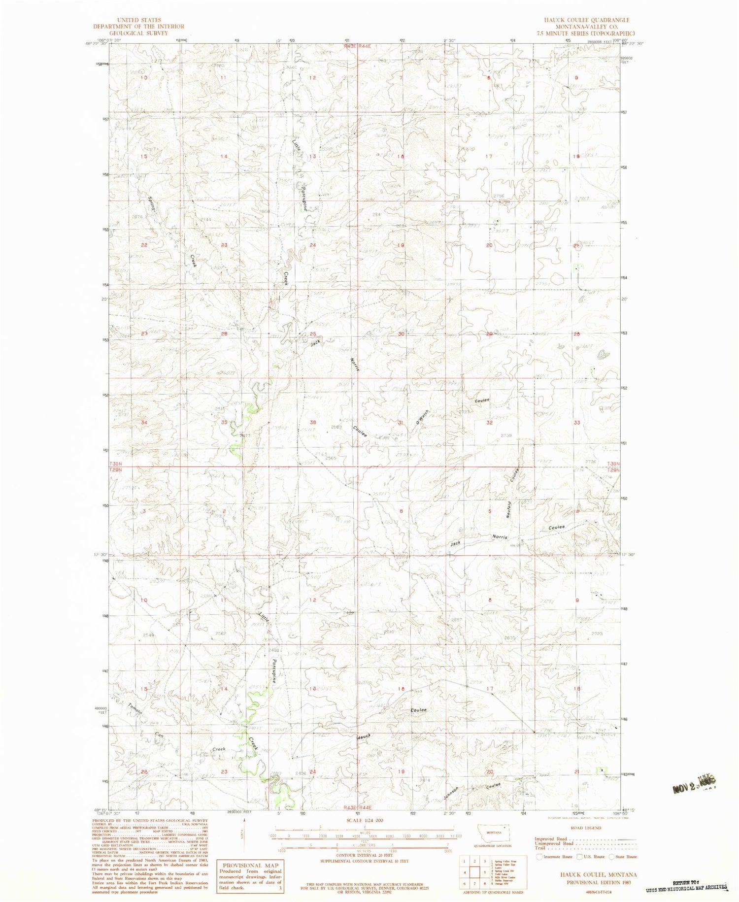 Classic USGS Hauck Coulee Montana 7.5'x7.5' Topo Map Image