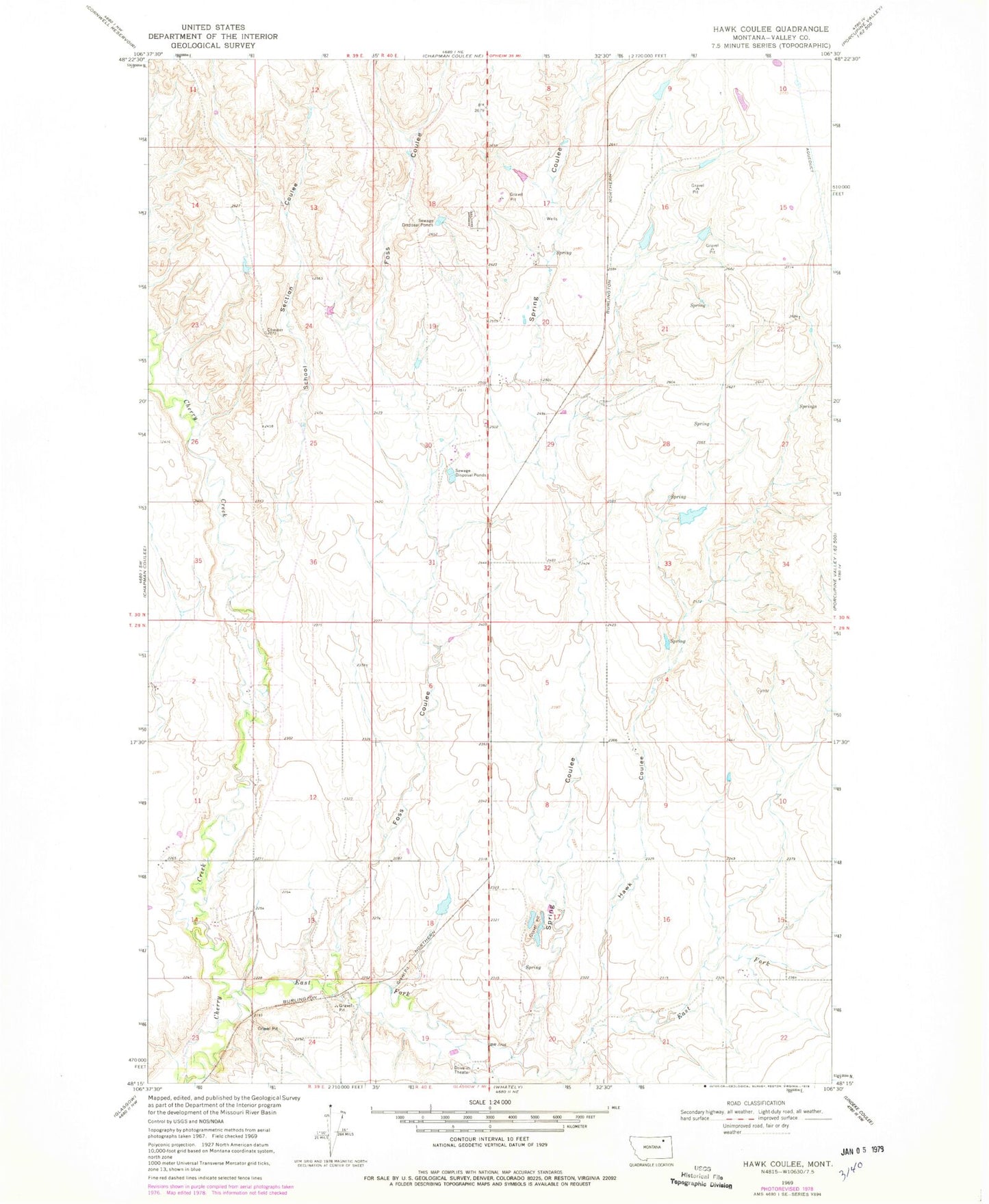 Classic USGS Hawk Coulee Montana 7.5'x7.5' Topo Map Image
