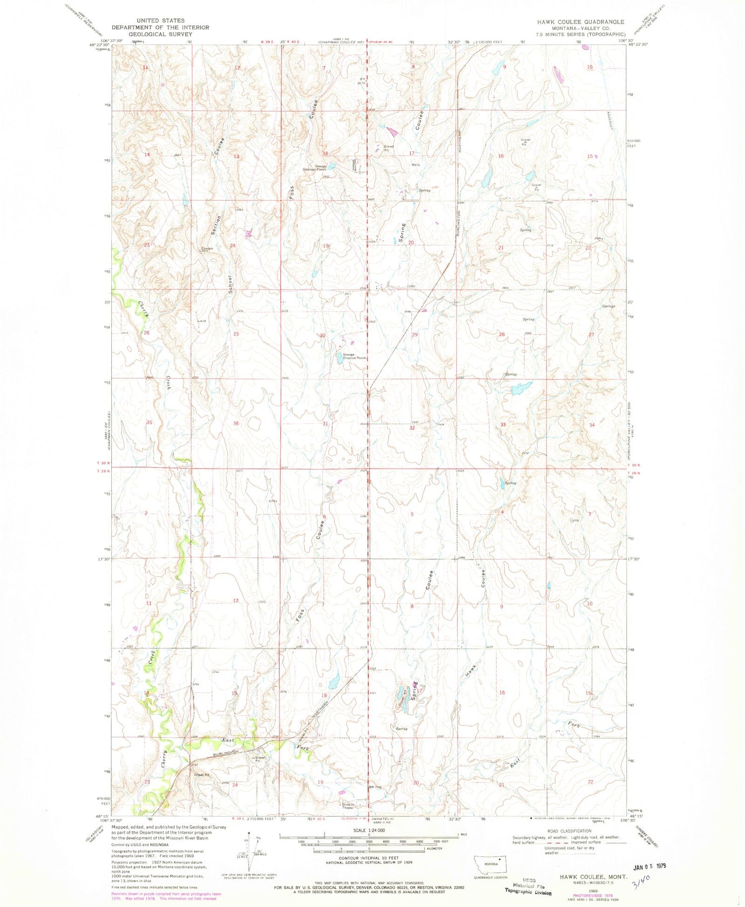 Classic USGS Hawk Coulee Montana 7.5'x7.5' Topo Map Image