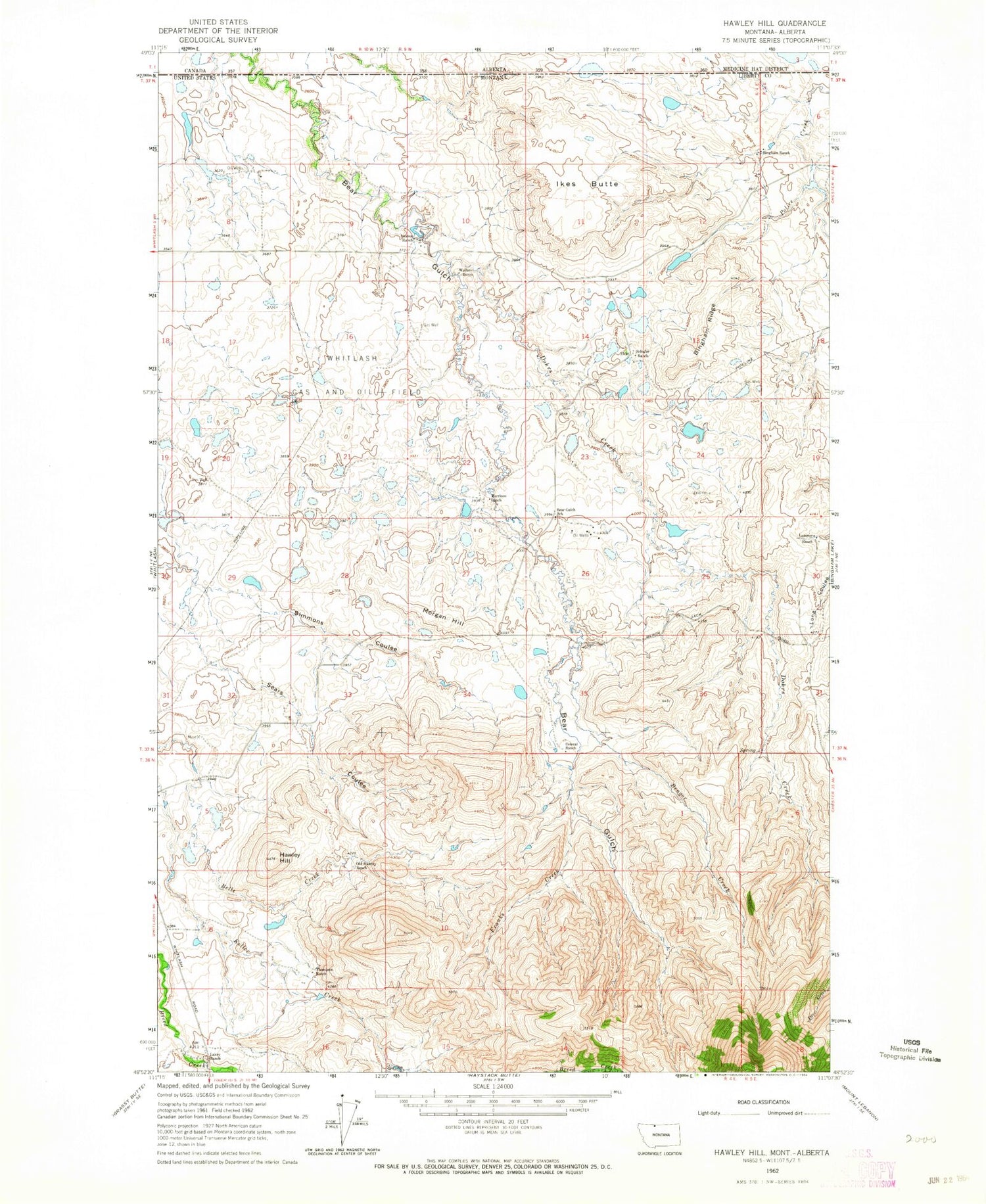 Classic USGS Hawley Hill Montana 7.5'x7.5' Topo Map Image