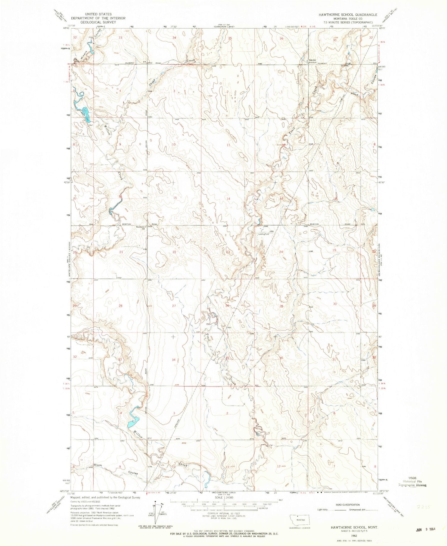 Classic USGS Hawthorne School Montana 7.5'x7.5' Topo Map Image