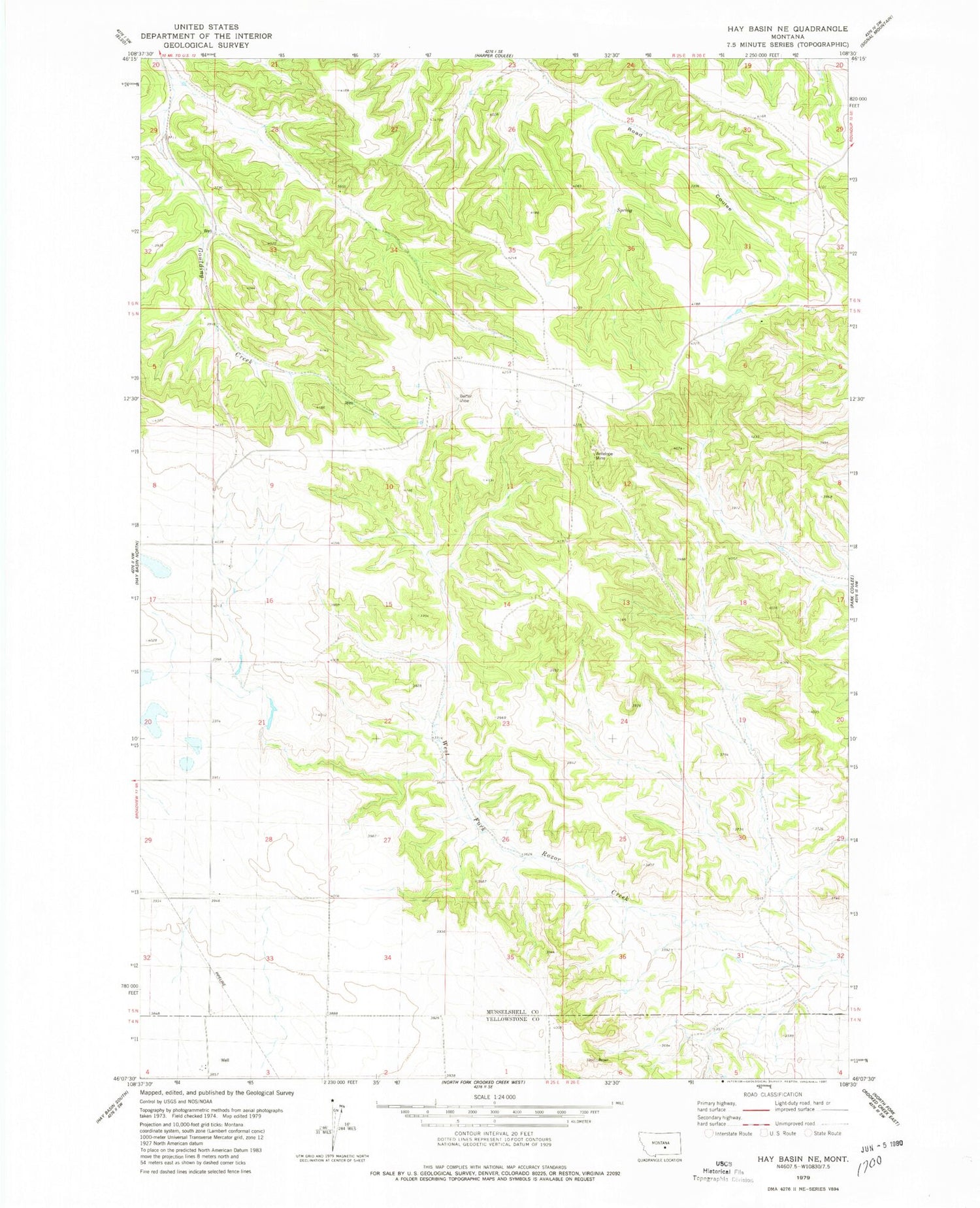 Classic USGS Hay Basin NE Montana 7.5'x7.5' Topo Map Image