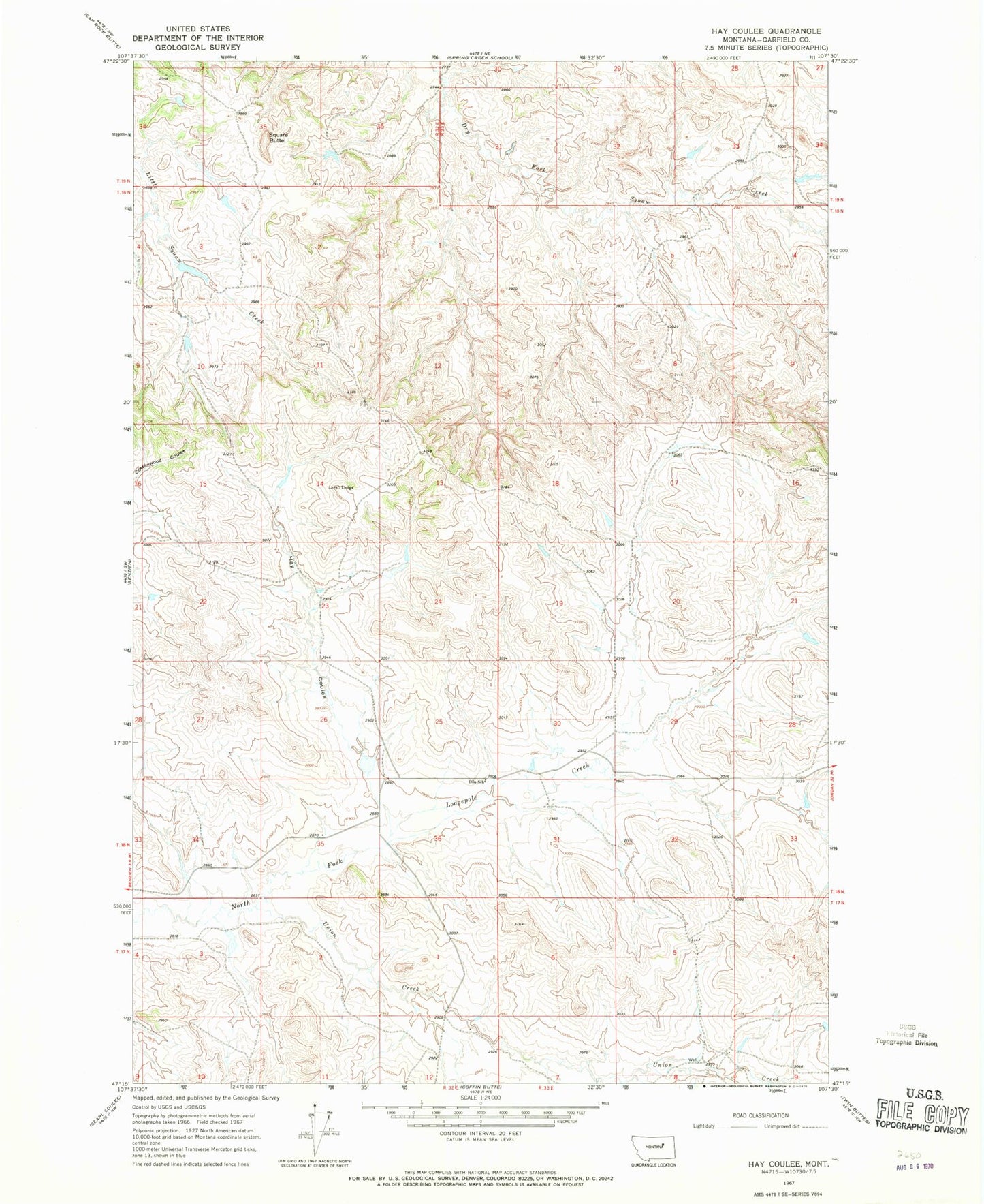 Classic USGS Hay Coulee Montana 7.5'x7.5' Topo Map Image
