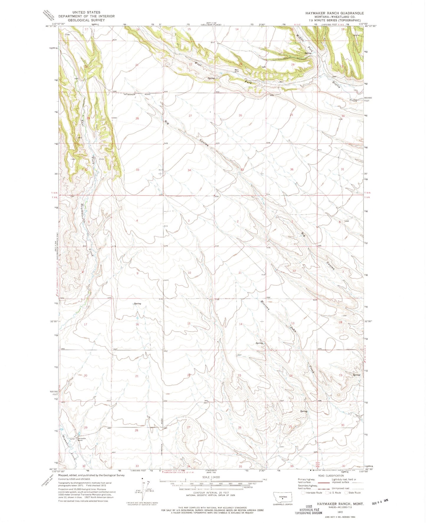Classic USGS Haymaker Ranch Montana 7.5'x7.5' Topo Map Image