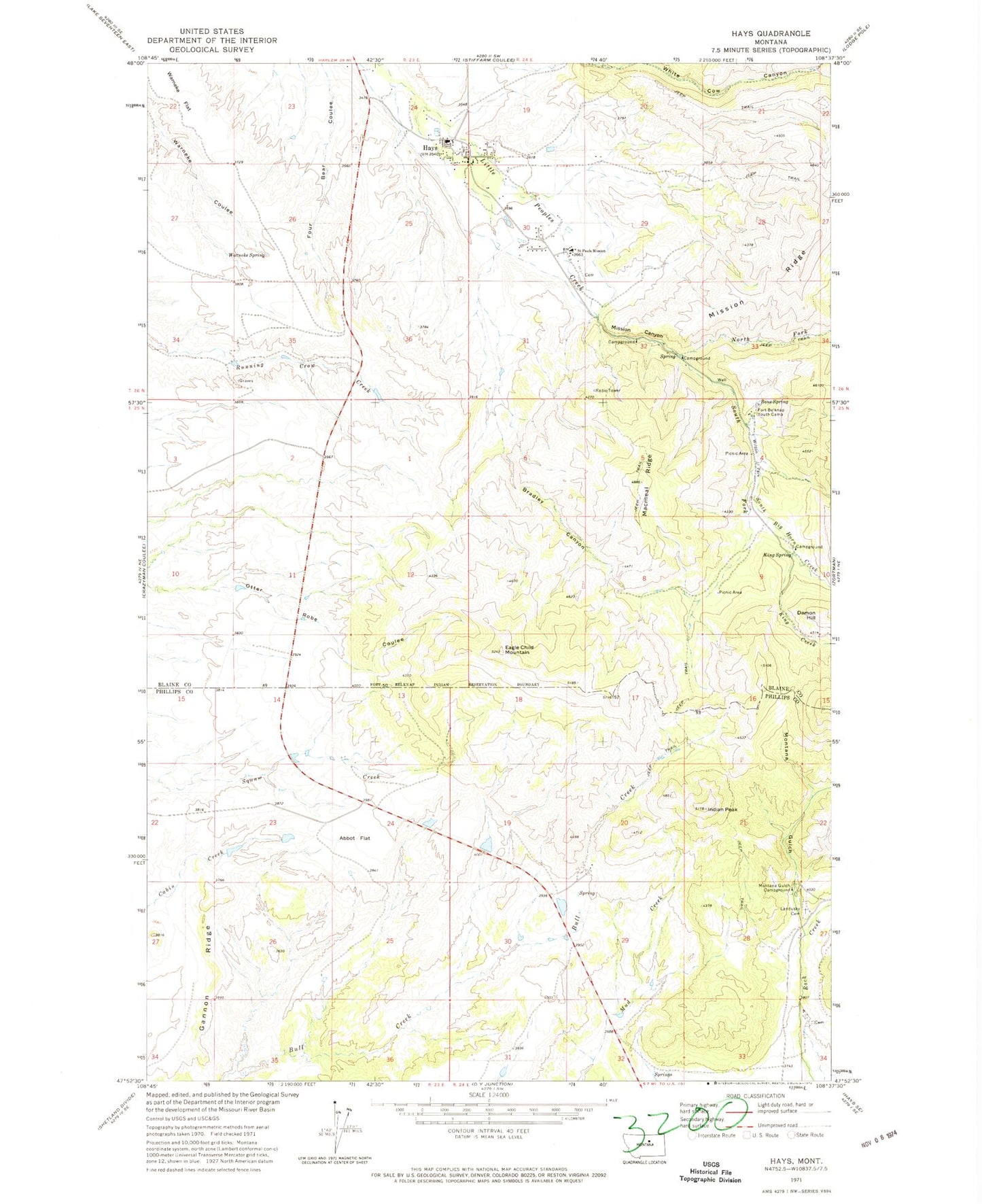 Classic USGS Hays Montana 7.5'x7.5' Topo Map Image