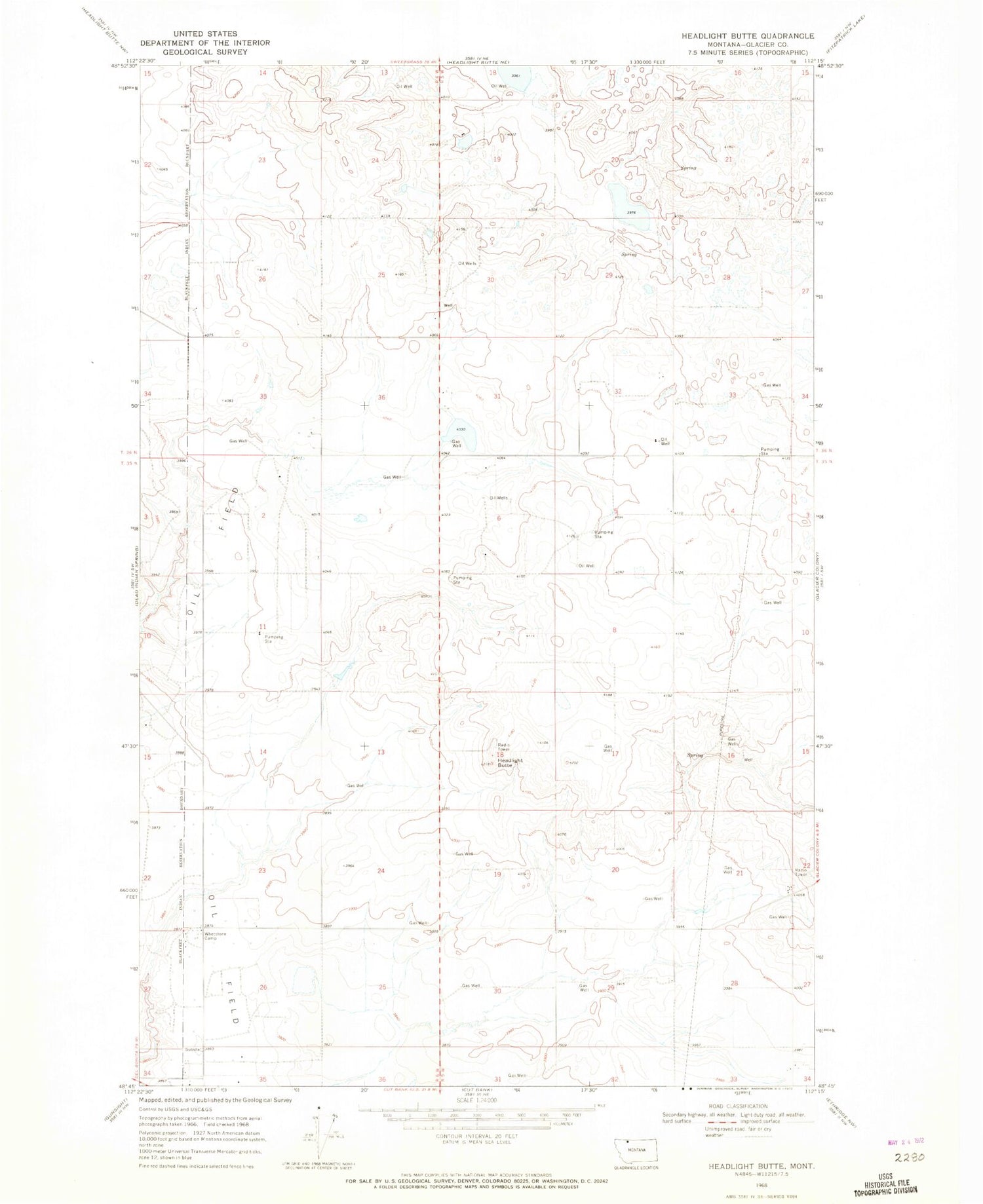 Classic USGS Headlight Butte Montana 7.5'x7.5' Topo Map Image