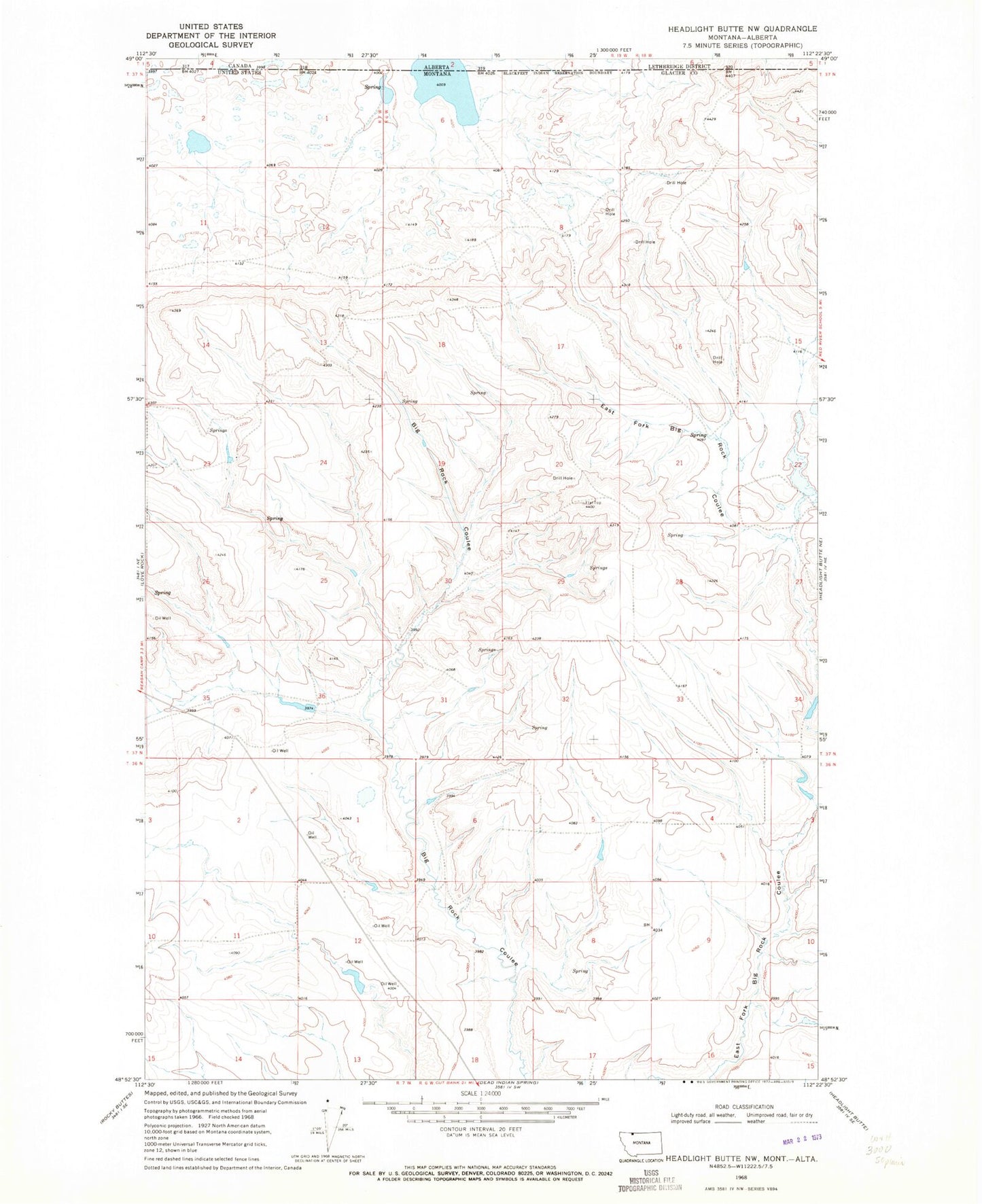 Classic USGS Headlight Butte NW Montana 7.5'x7.5' Topo Map Image