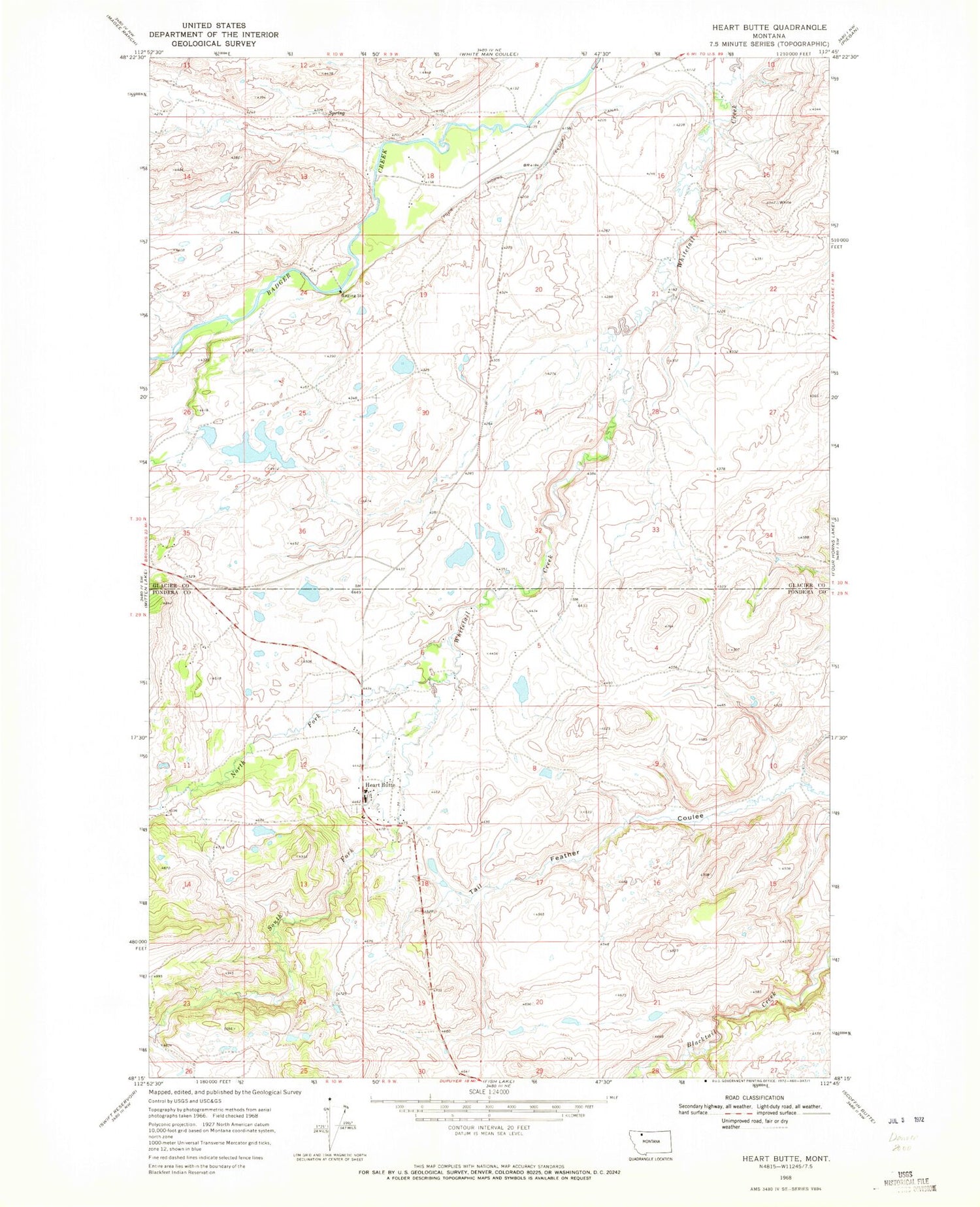 Classic USGS Heart Butte Montana 7.5'x7.5' Topo Map Image