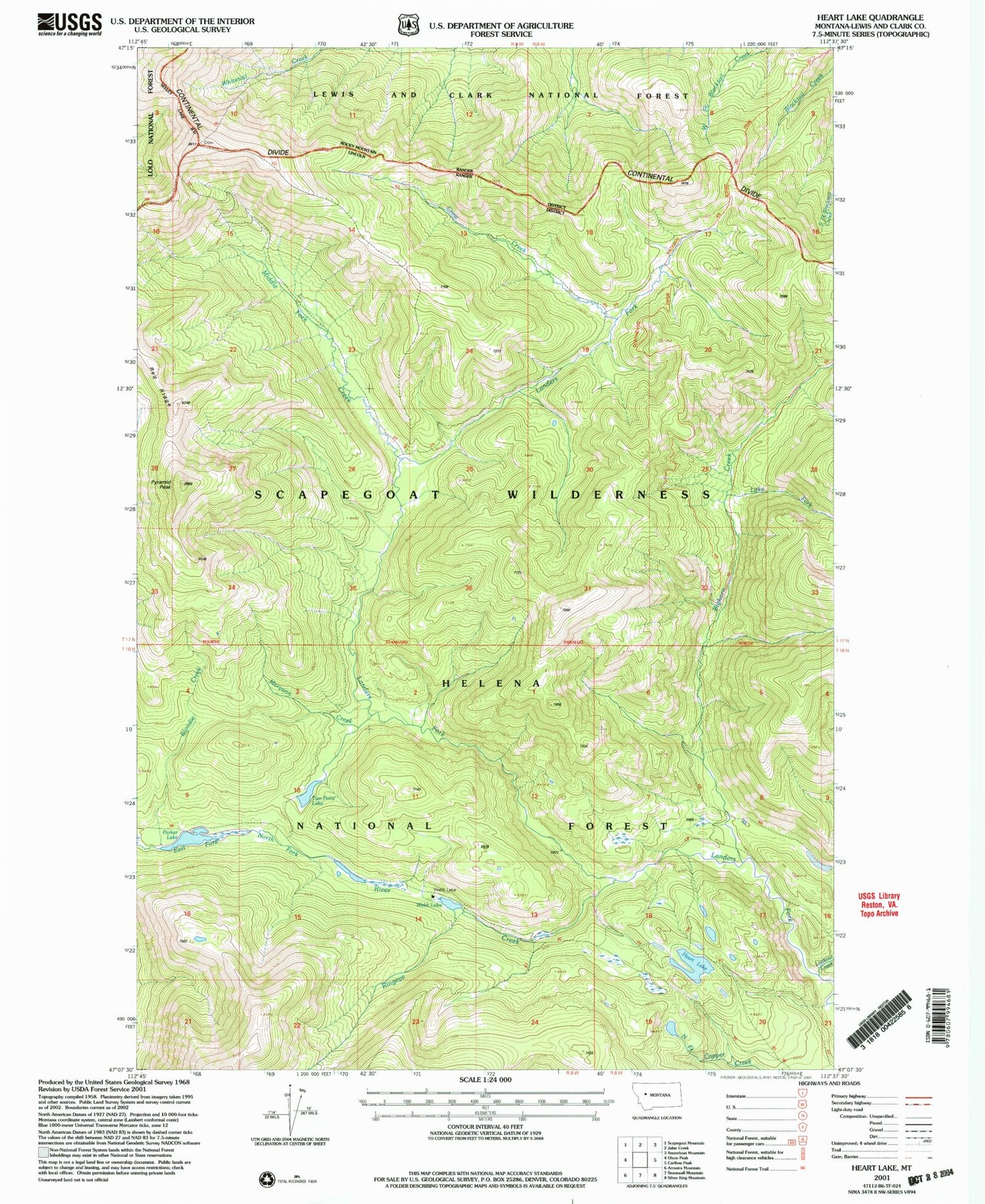 Classic USGS Heart Lake Montana 7.5'x7.5' Topo Map Image