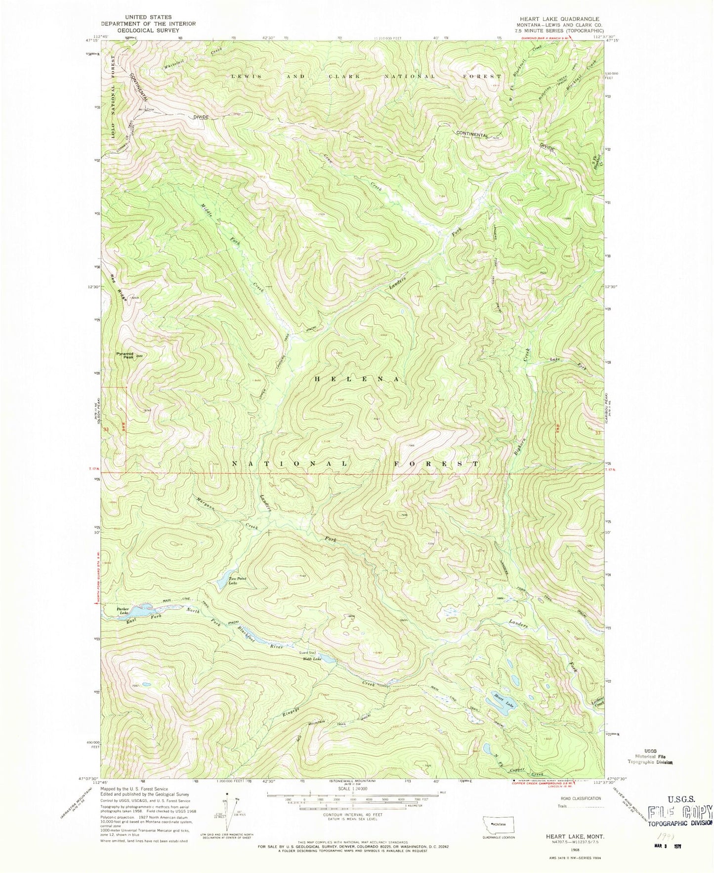 Classic USGS Heart Lake Montana 7.5'x7.5' Topo Map Image