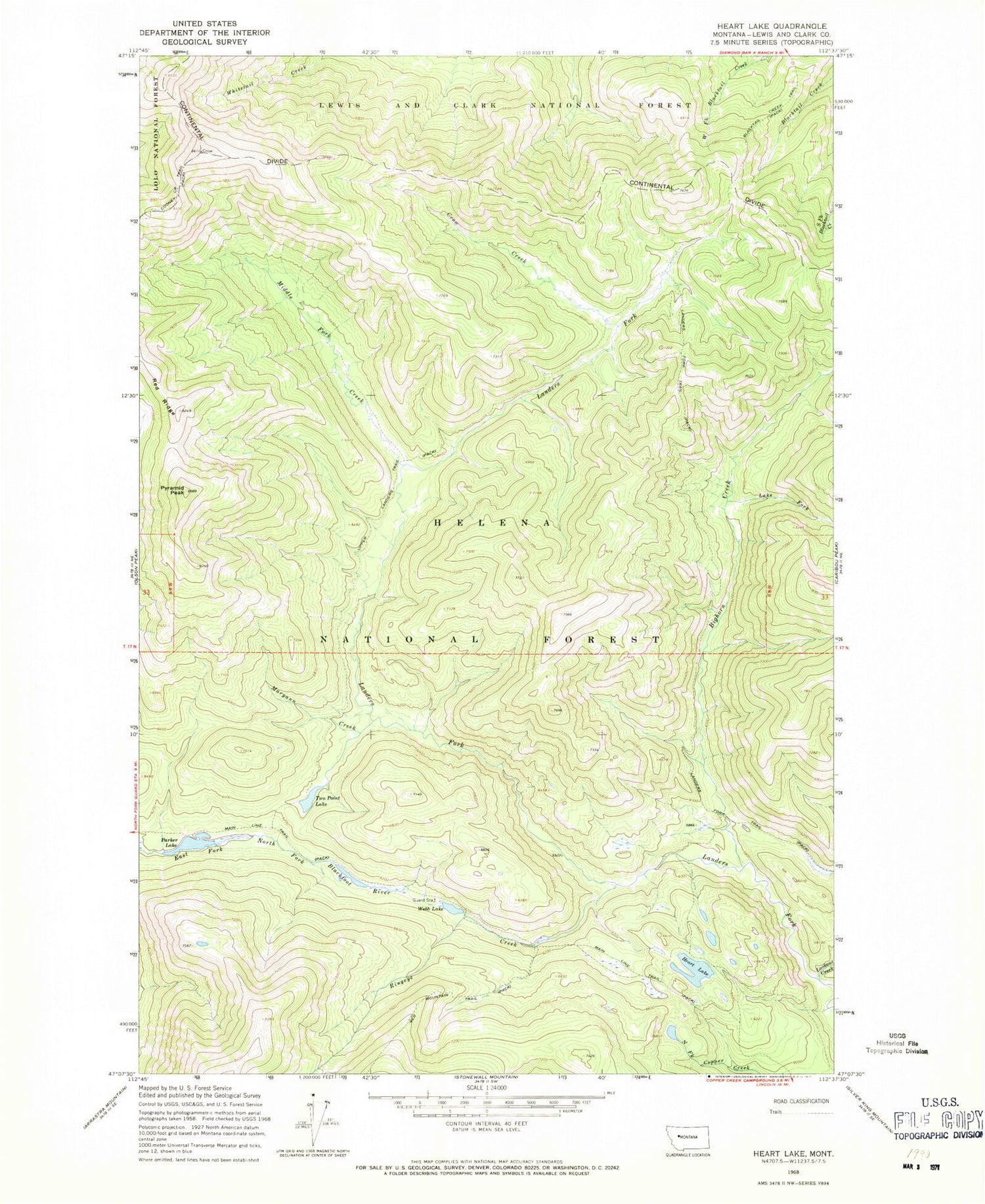 Classic USGS Heart Lake Montana 7.5'x7.5' Topo Map Image