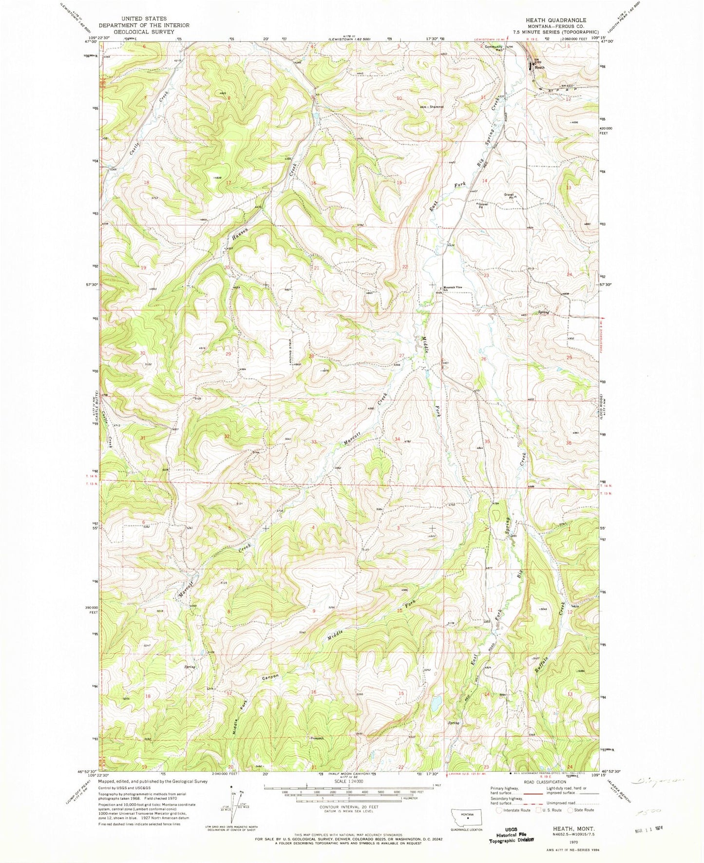 Classic USGS Heath Montana 7.5'x7.5' Topo Map Image