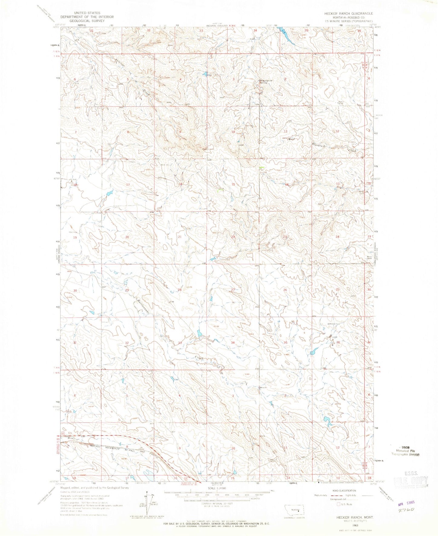 Classic USGS Hecker Ranch Montana 7.5'x7.5' Topo Map Image