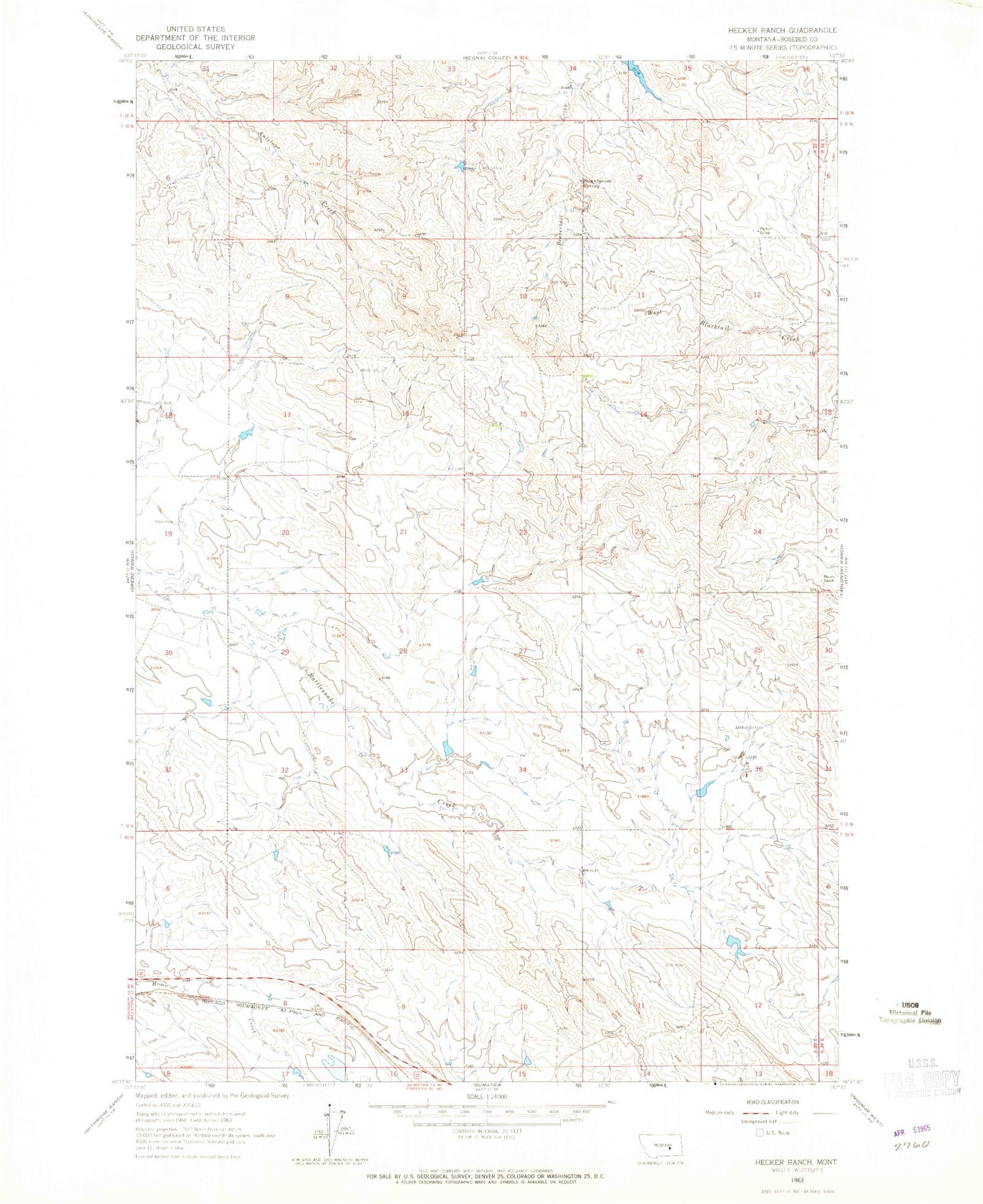 Classic USGS Hecker Ranch Montana 7.5'x7.5' Topo Map Image