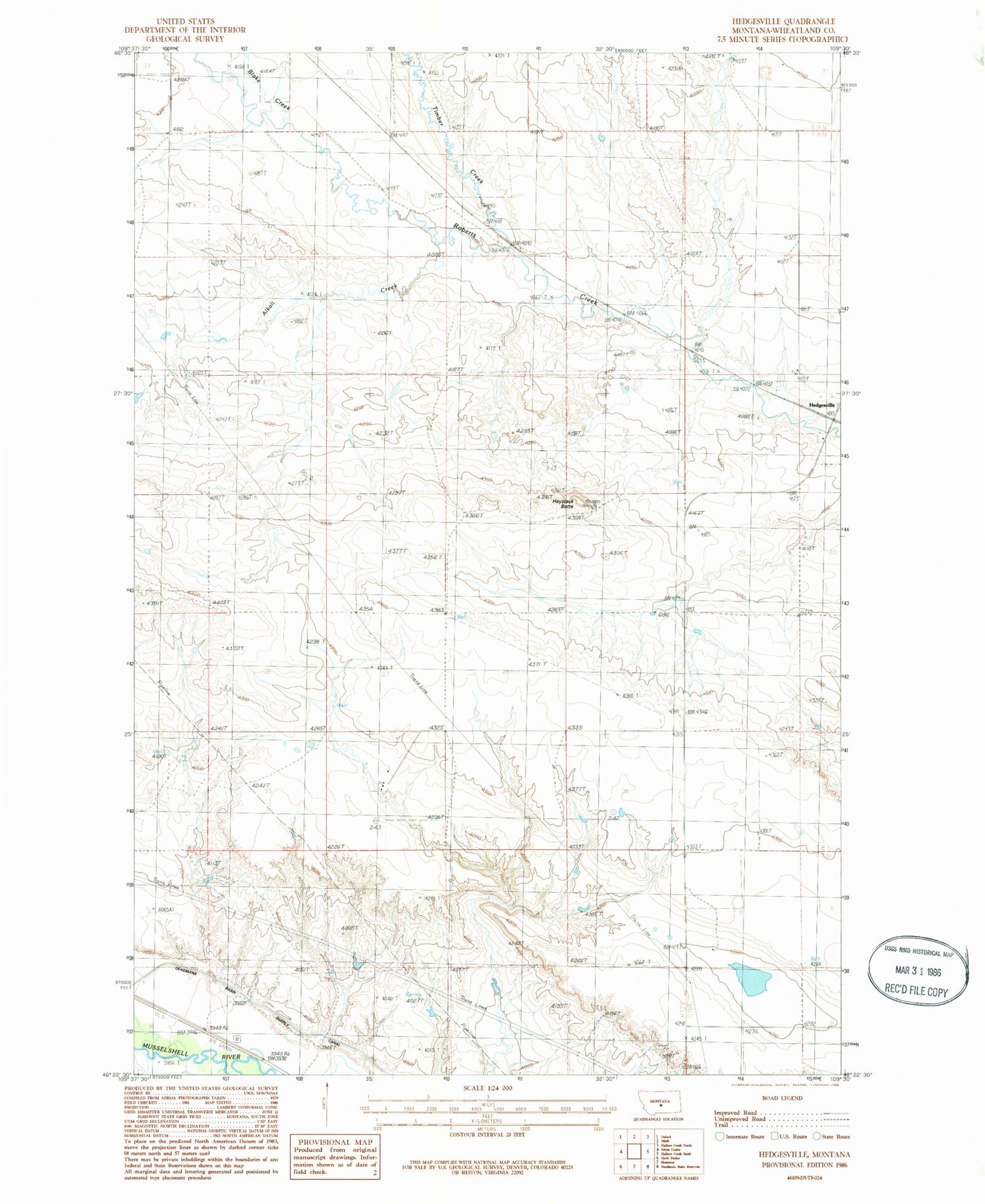 Classic USGS Hedgesville Montana 7.5'x7.5' Topo Map Image