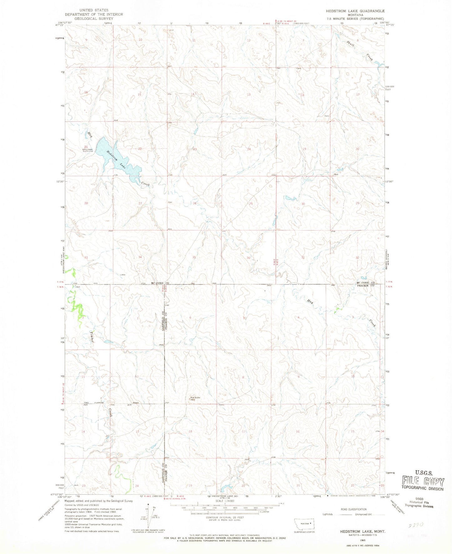 Classic USGS Hedstrom Lake Montana 7.5'x7.5' Topo Map Image