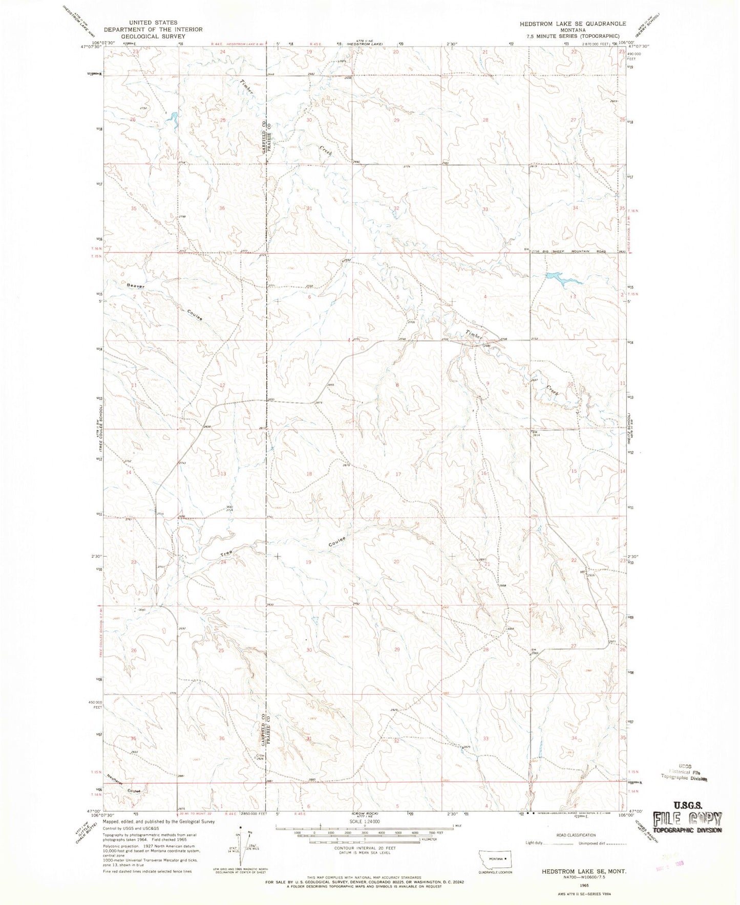 Classic USGS Hedstrom Lake SE Montana 7.5'x7.5' Topo Map Image