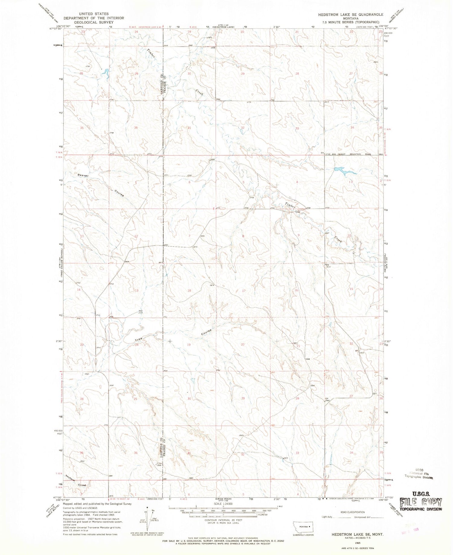 Classic USGS Hedstrom Lake SE Montana 7.5'x7.5' Topo Map Image