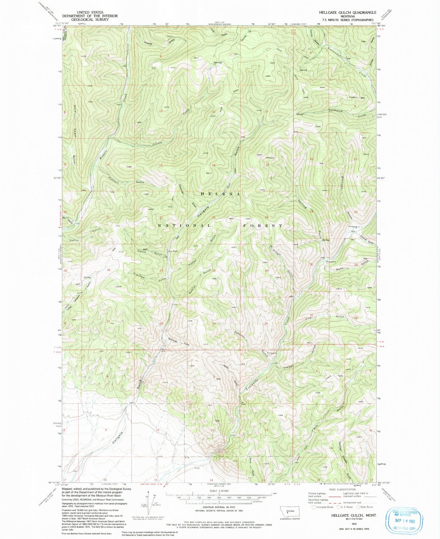 Classic USGS Hellgate Gulch Montana 7.5'x7.5' Topo Map Image