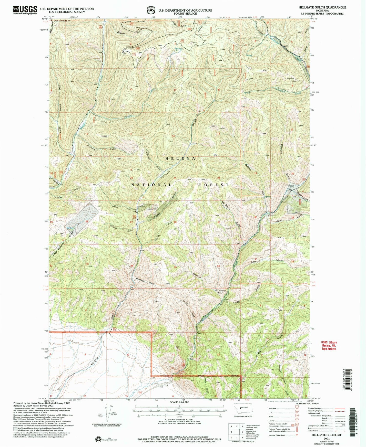 Classic USGS Hellgate Gulch Montana 7.5'x7.5' Topo Map Image