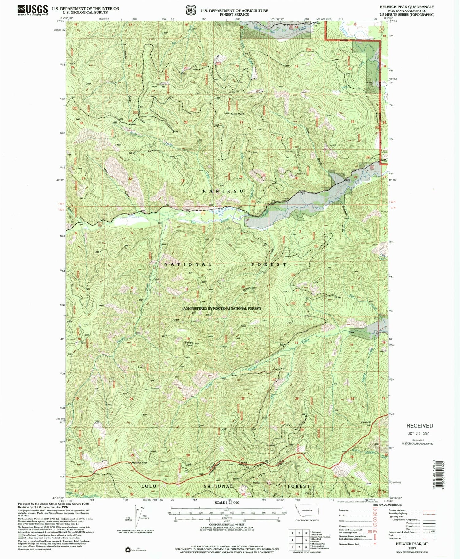 Classic USGS Helwick Peak Montana 7.5'x7.5' Topo Map Image