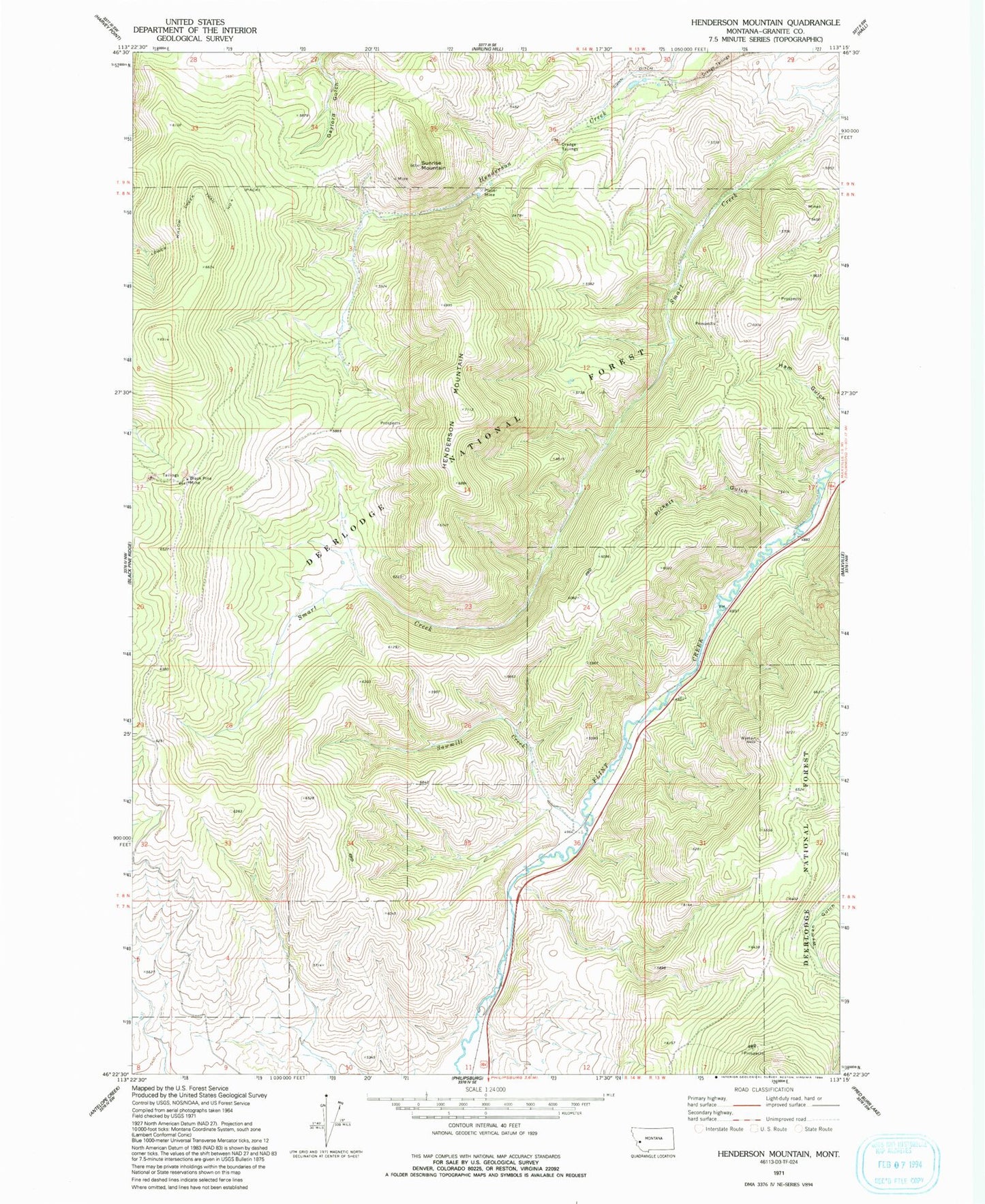 Classic USGS Henderson Mountain Montana 7.5'x7.5' Topo Map Image