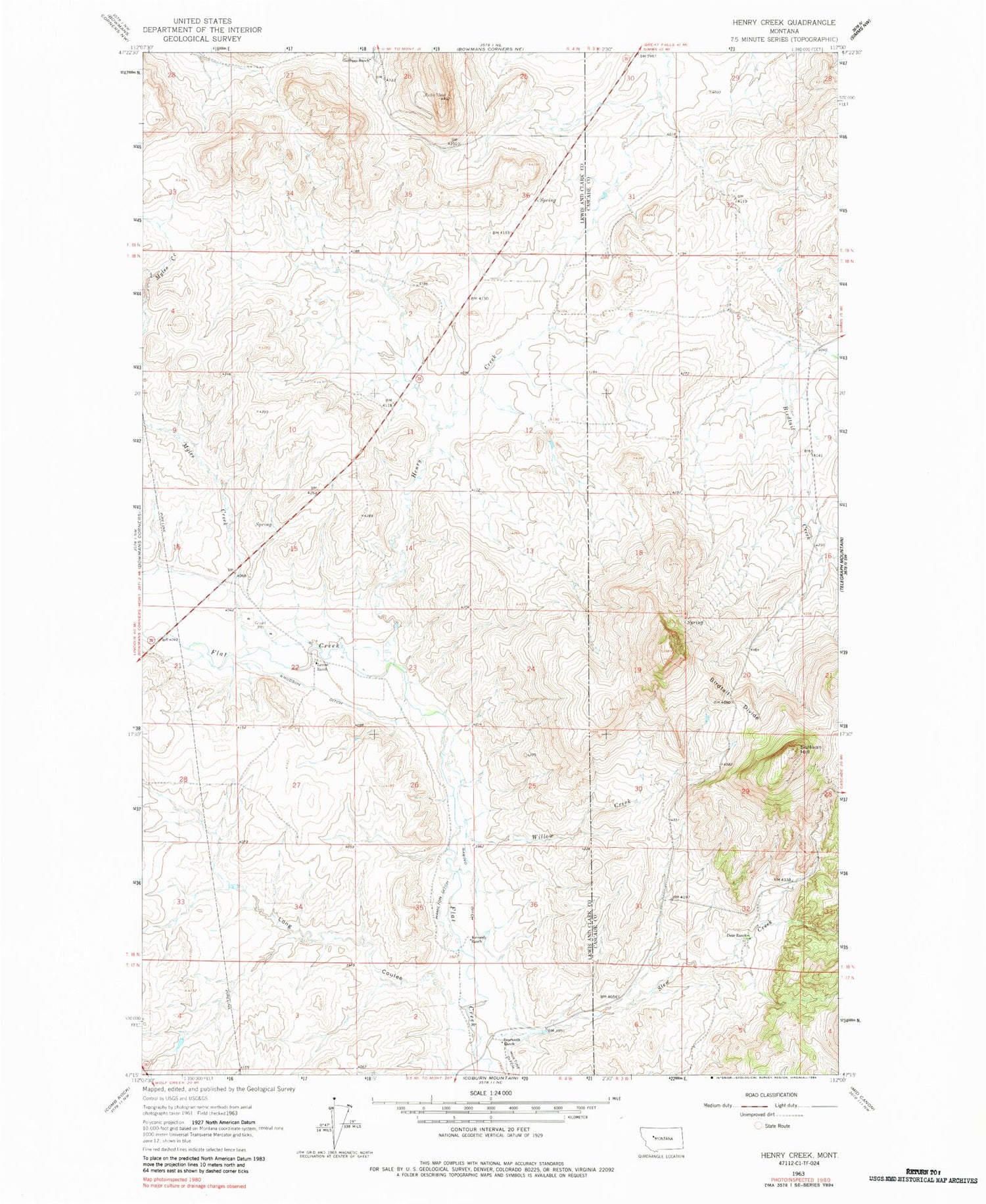 Classic USGS Henry Creek Montana 7.5'x7.5' Topo Map Image