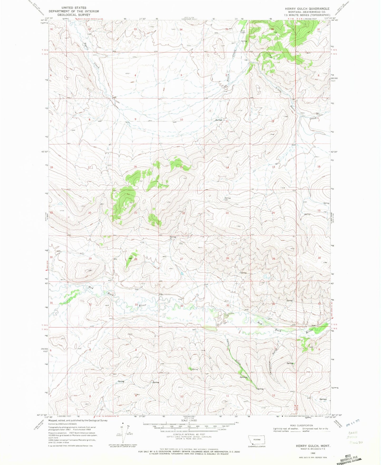 Classic USGS Henry Gulch Montana 7.5'x7.5' Topo Map Image