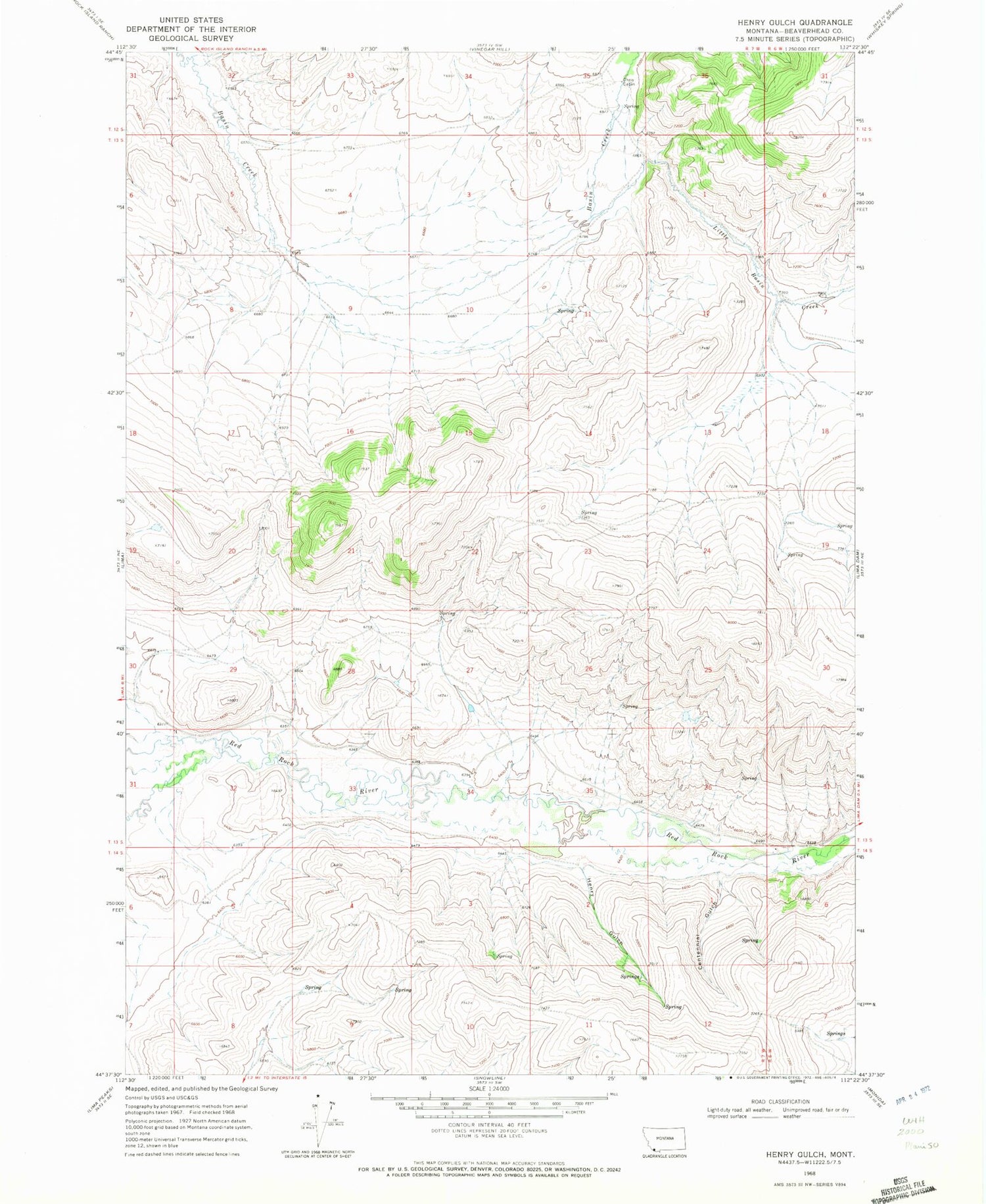 Classic USGS Henry Gulch Montana 7.5'x7.5' Topo Map Image