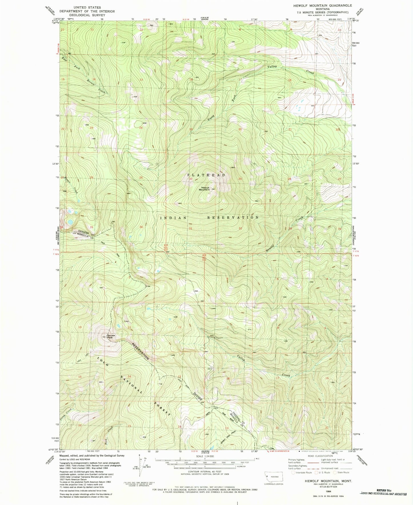 Classic USGS Hewolf Mountain Montana 7.5'x7.5' Topo Map Image