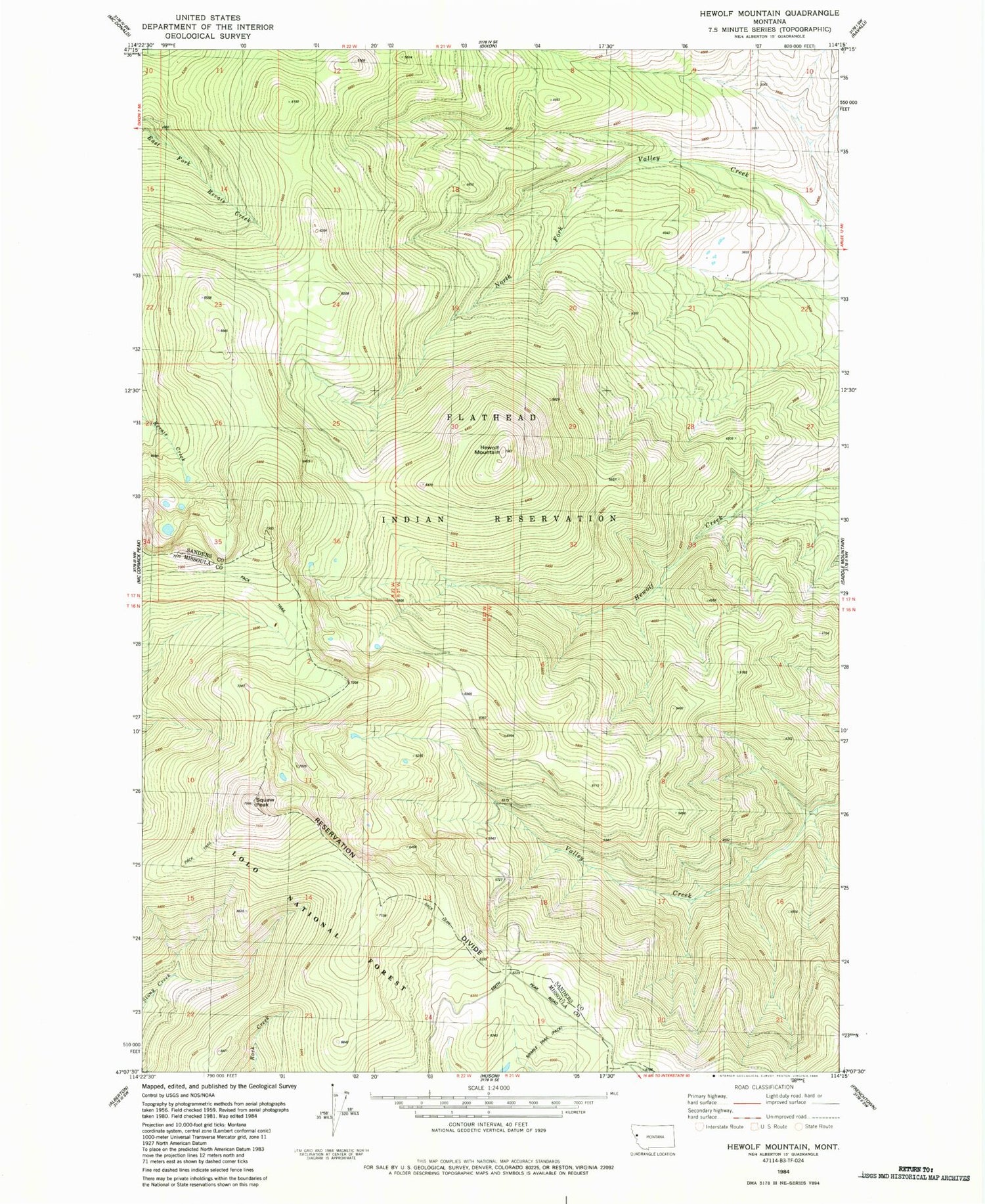 Classic USGS Hewolf Mountain Montana 7.5'x7.5' Topo Map Image