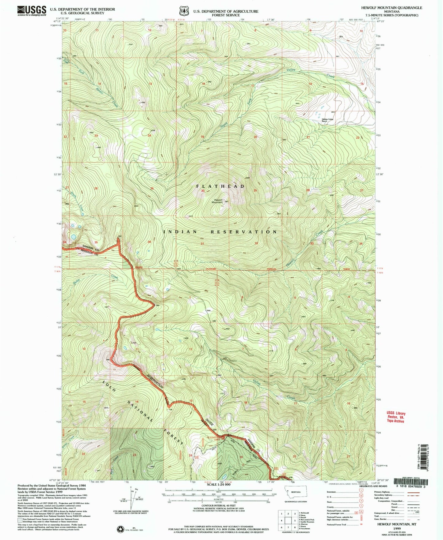 Classic USGS Hewolf Mountain Montana 7.5'x7.5' Topo Map Image