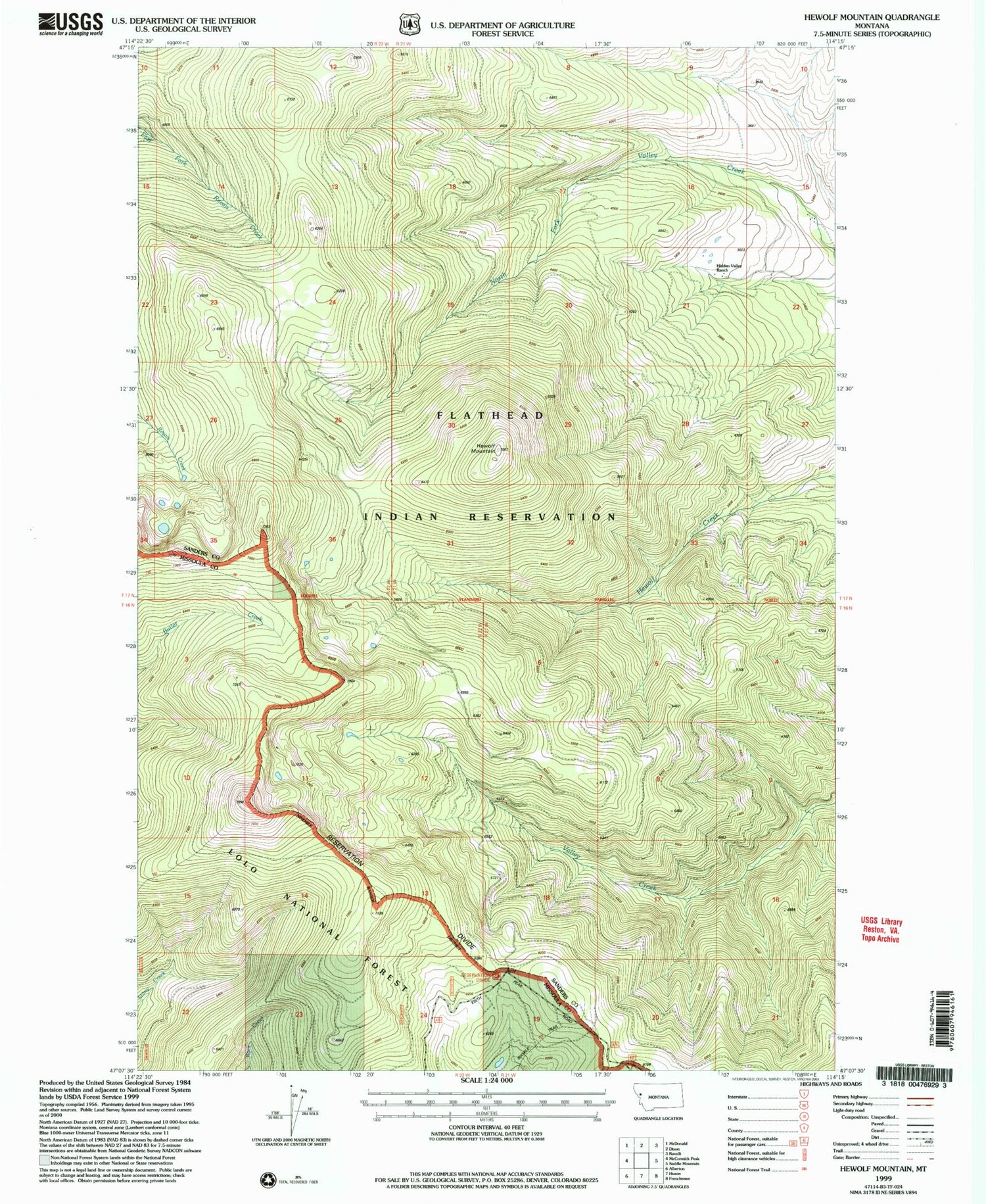 Classic USGS Hewolf Mountain Montana 7.5'x7.5' Topo Map Image