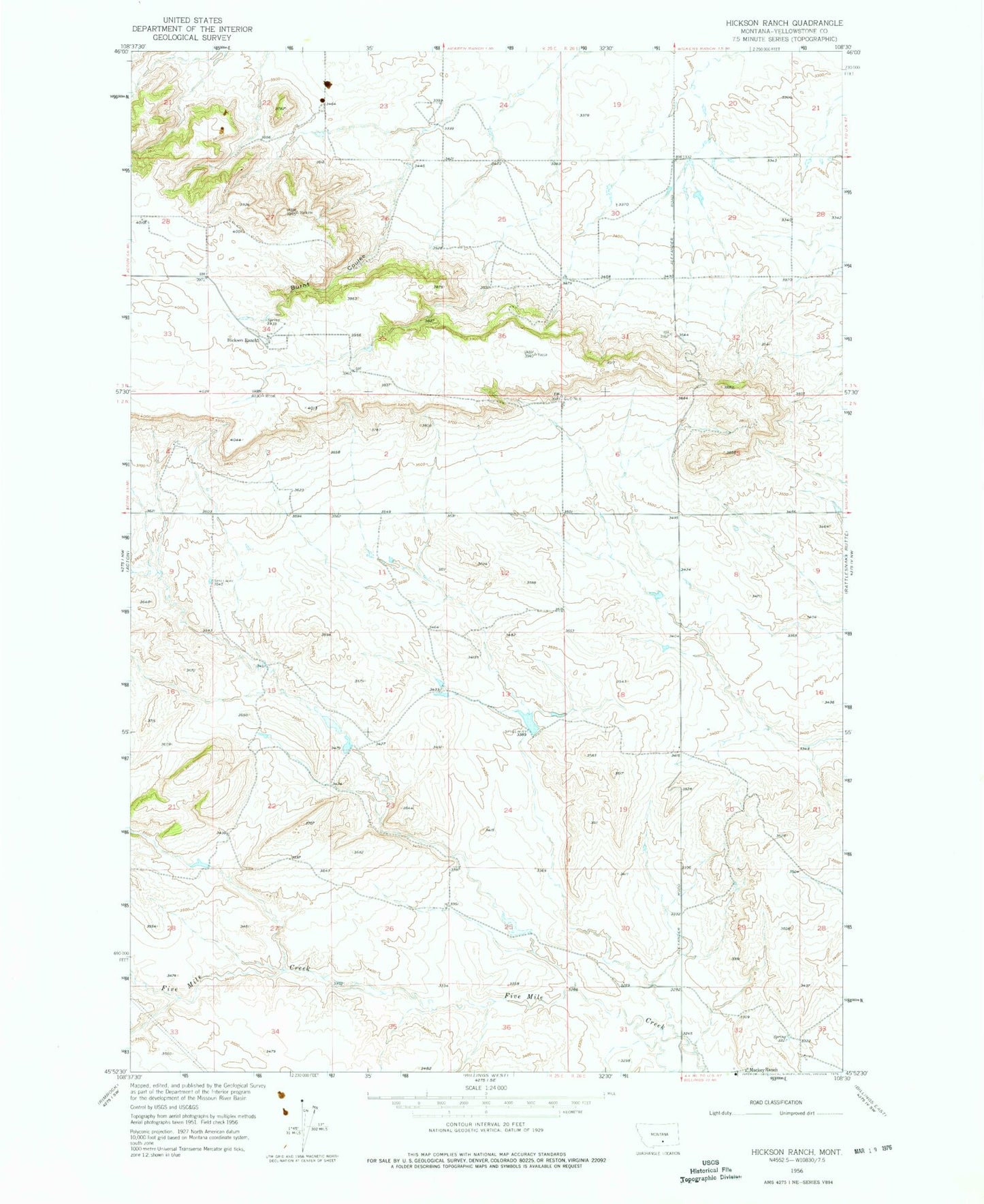 Classic USGS Hickson Ranch Montana 7.5'x7.5' Topo Map Image