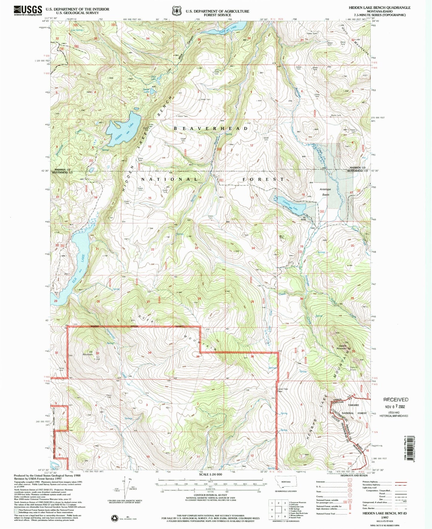 Classic USGS Hidden Lake Bench Montana 7.5'x7.5' Topo Map Image
