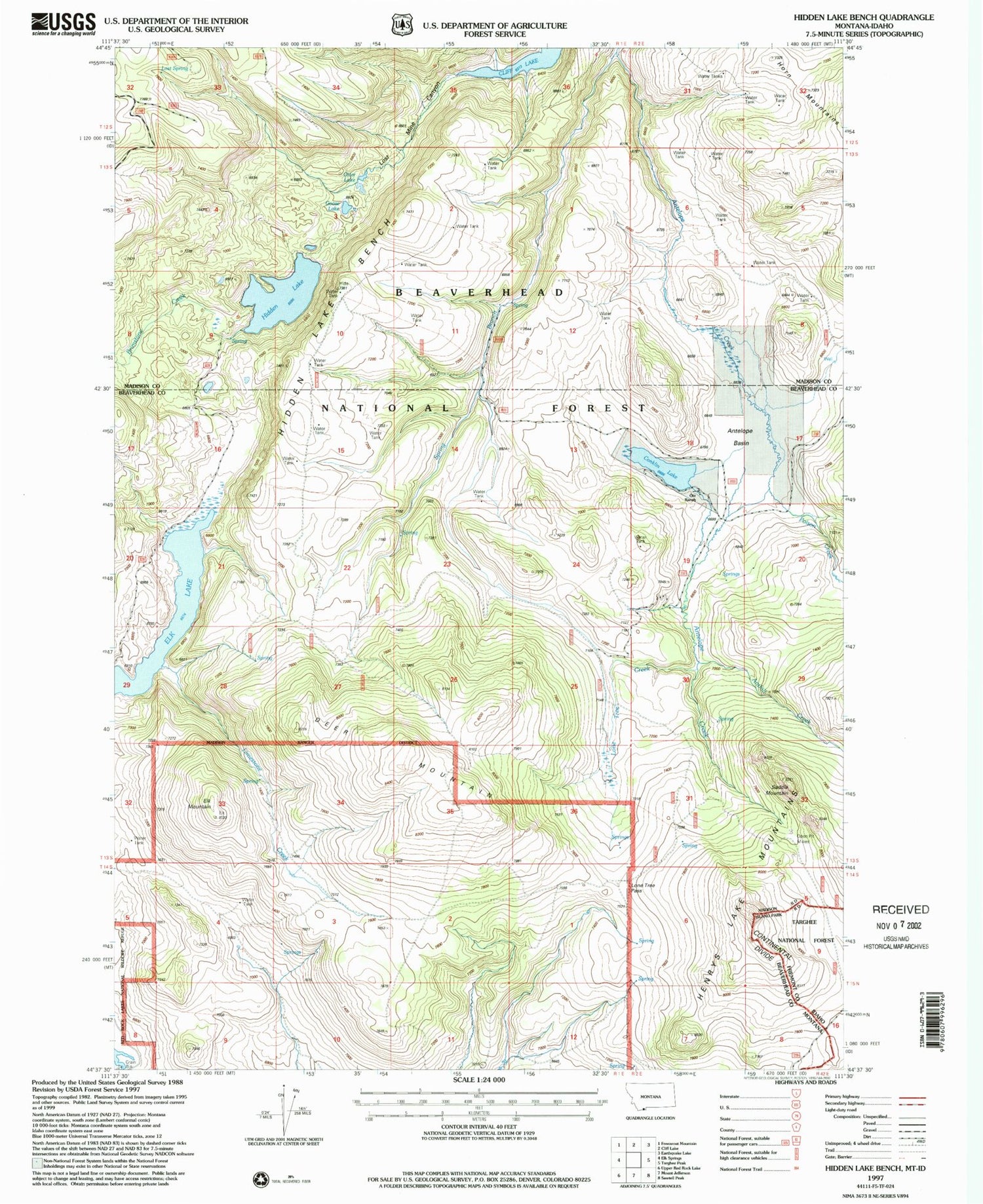 Classic USGS Hidden Lake Bench Montana 7.5'x7.5' Topo Map Image
