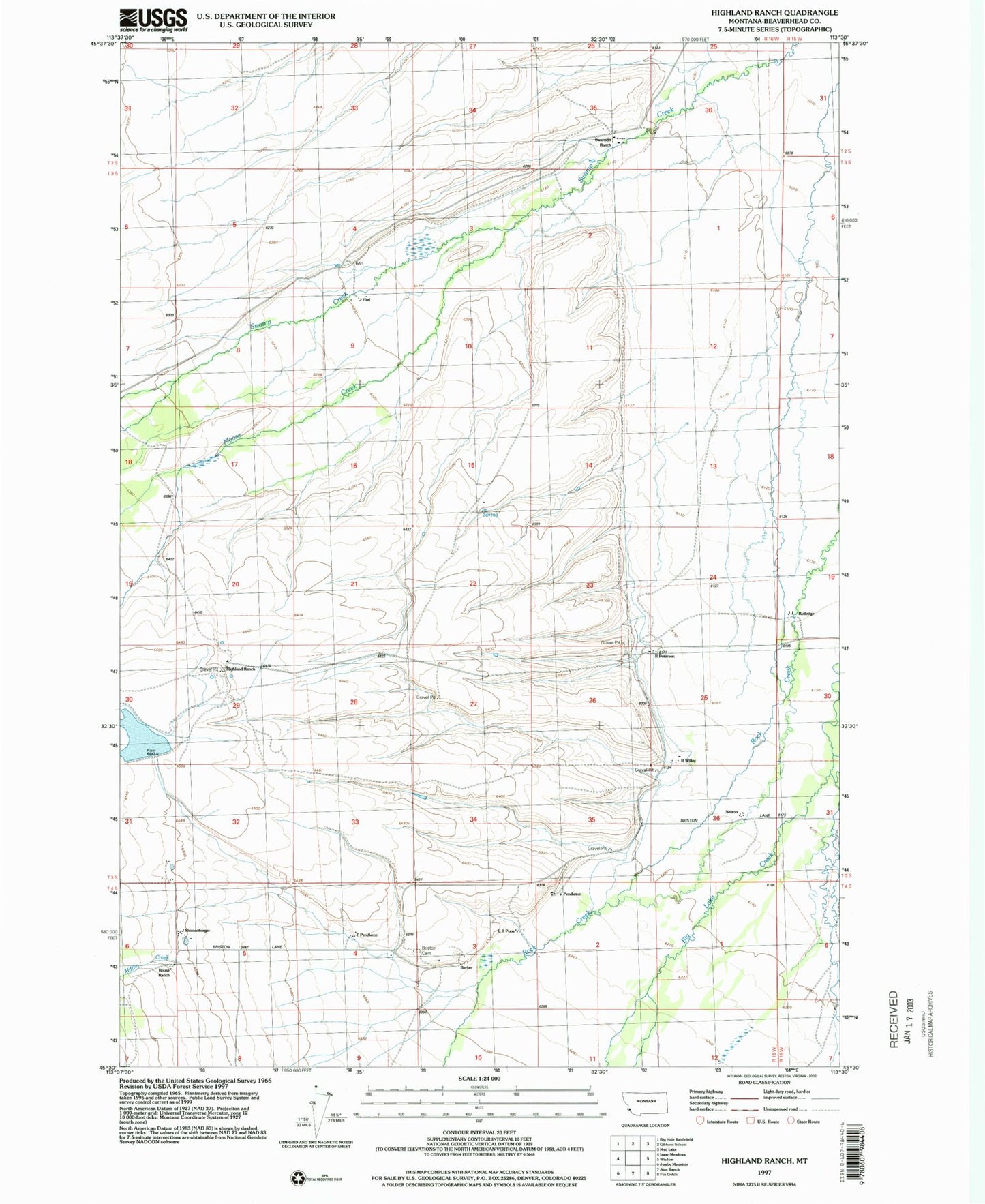 Classic USGS Highland Ranch Montana 7.5'x7.5' Topo Map Image