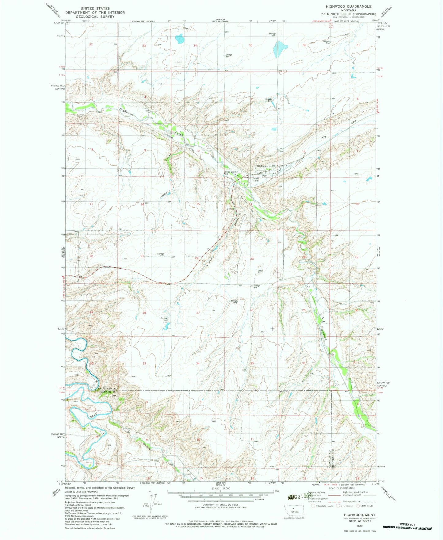 Classic USGS Highwood Montana 7.5'x7.5' Topo Map Image