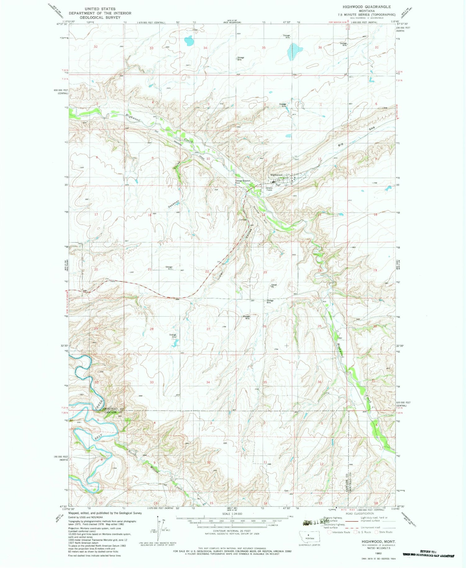 Classic USGS Highwood Montana 7.5'x7.5' Topo Map Image