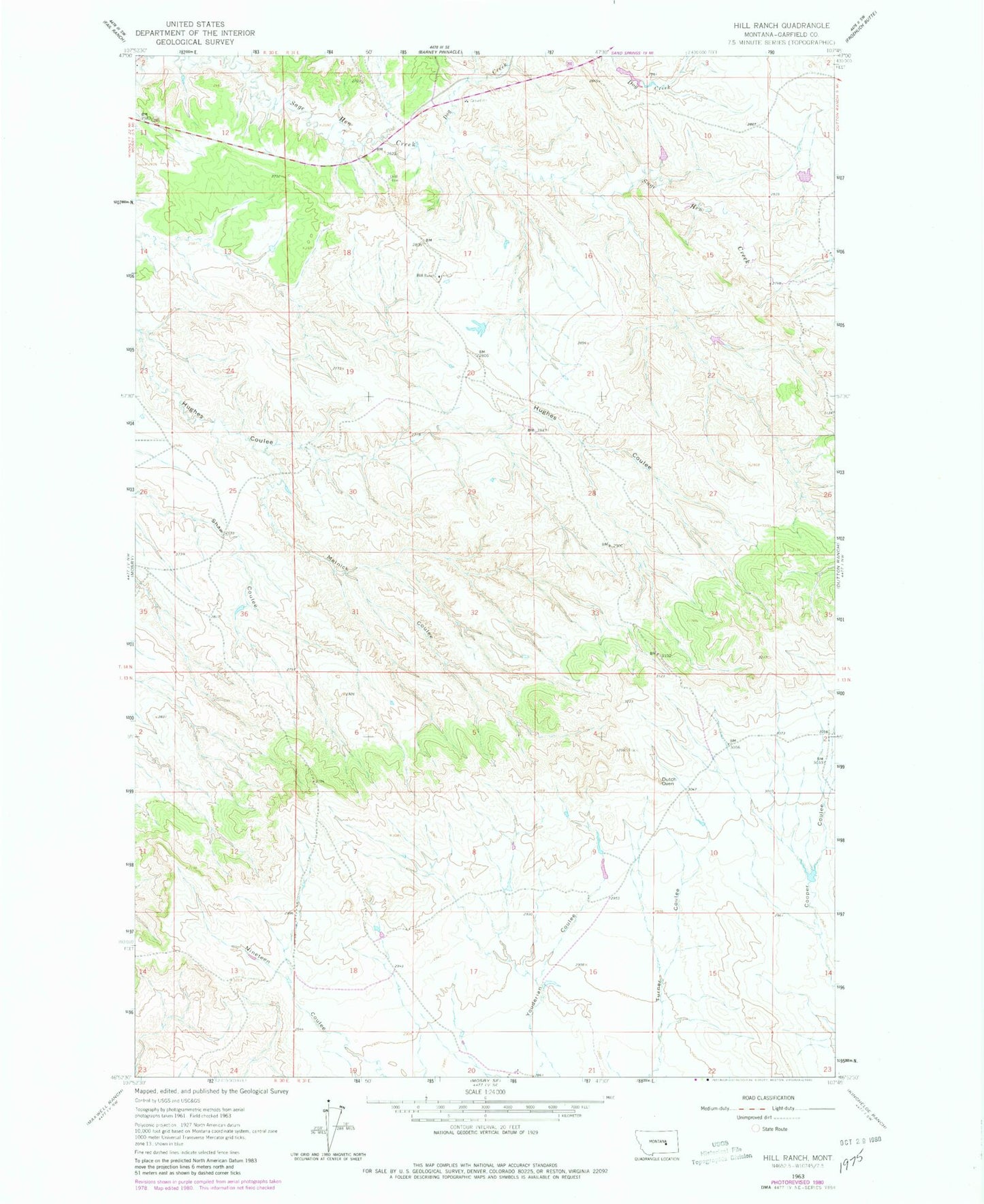 Classic USGS Hill Ranch Montana 7.5'x7.5' Topo Map Image