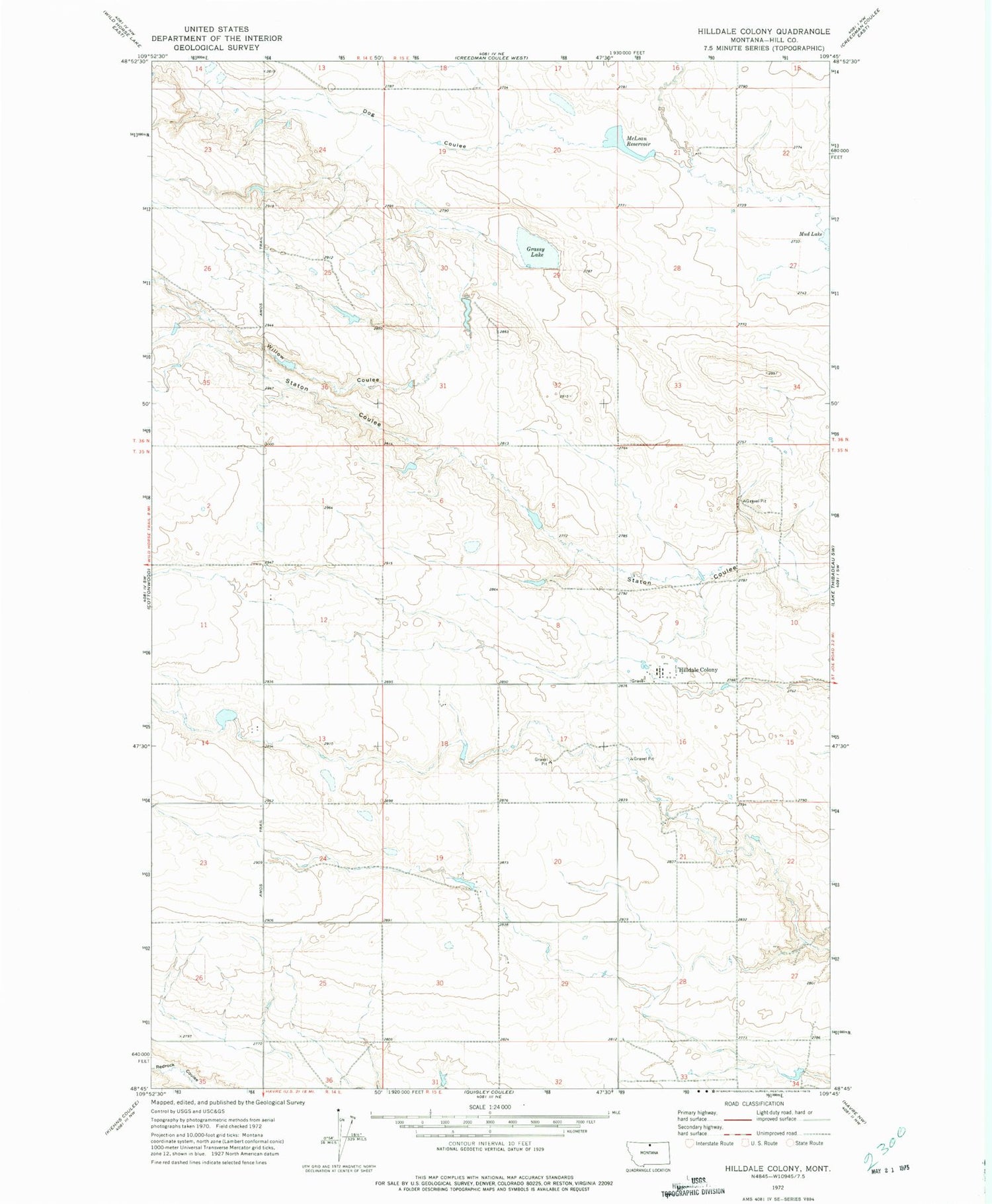 Classic USGS Hilldale Colony Montana 7.5'x7.5' Topo Map Image