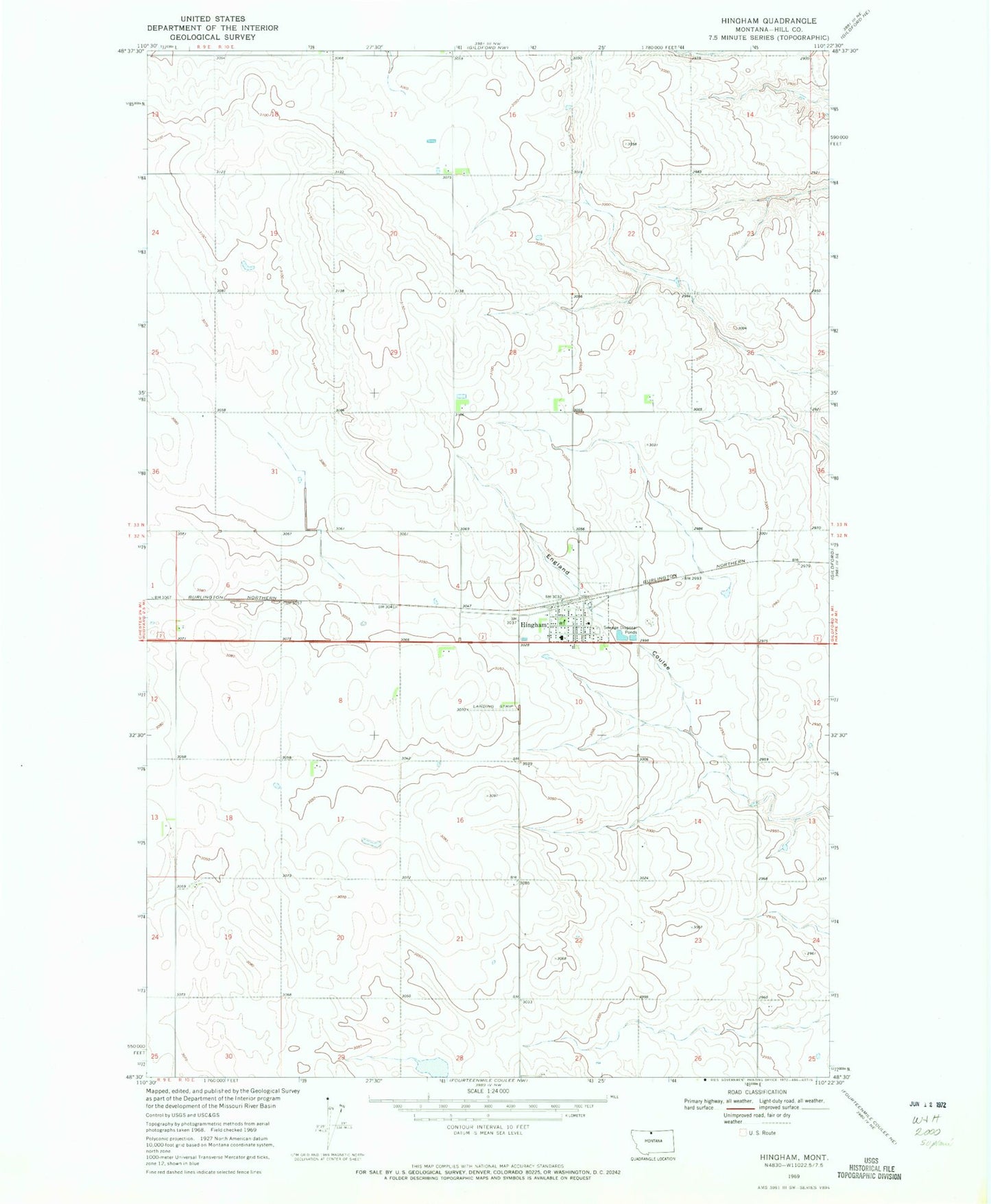 Classic USGS Hingham Montana 7.5'x7.5' Topo Map Image