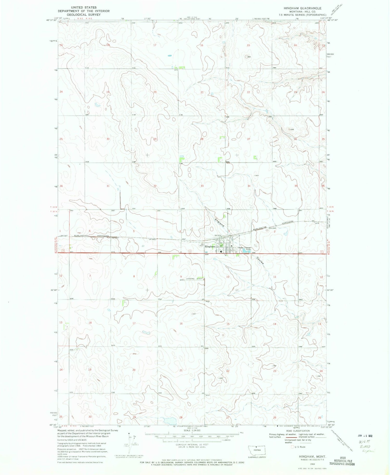 Classic USGS Hingham Montana 7.5'x7.5' Topo Map Image