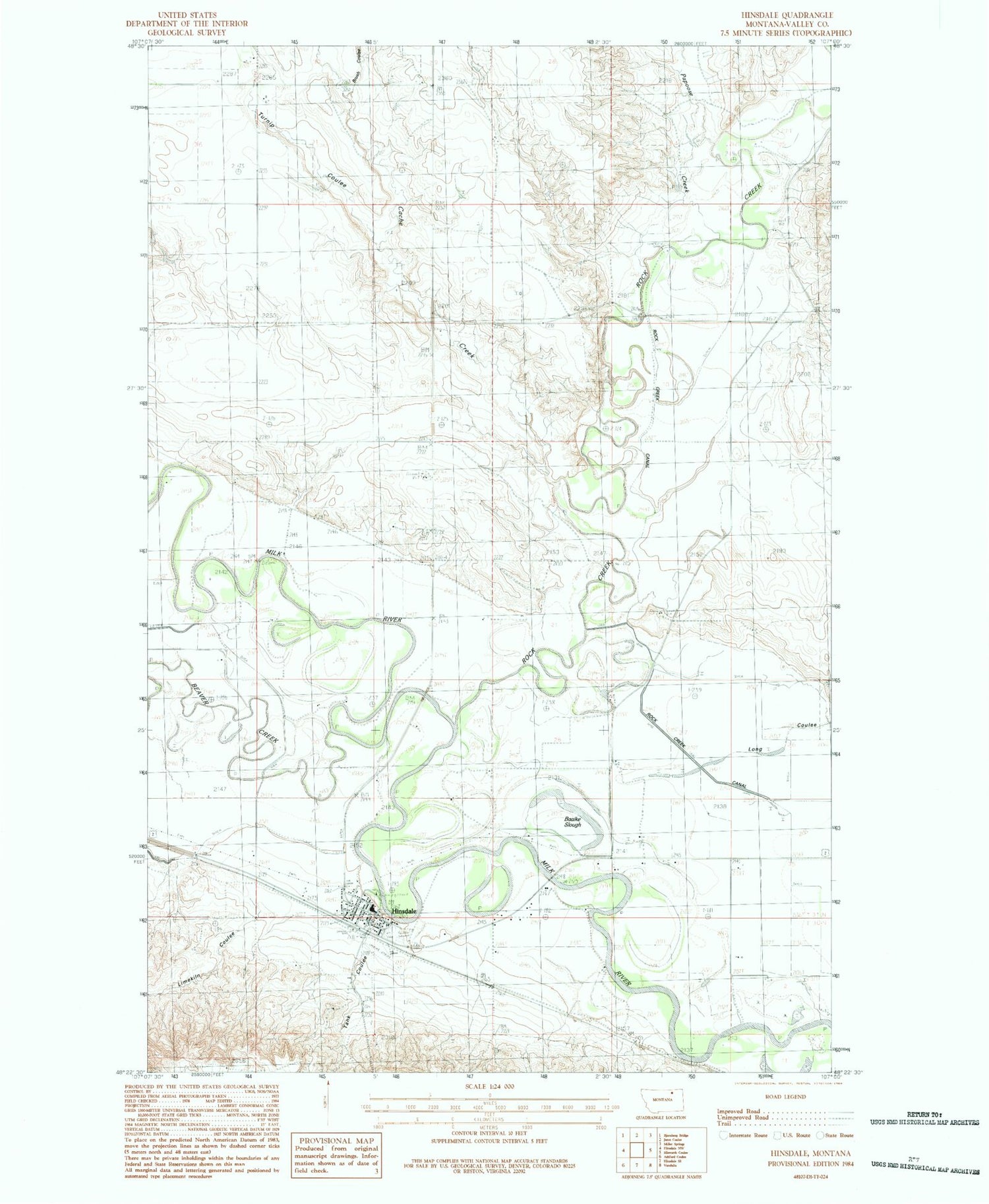 Classic USGS Hinsdale Montana 7.5'x7.5' Topo Map Image