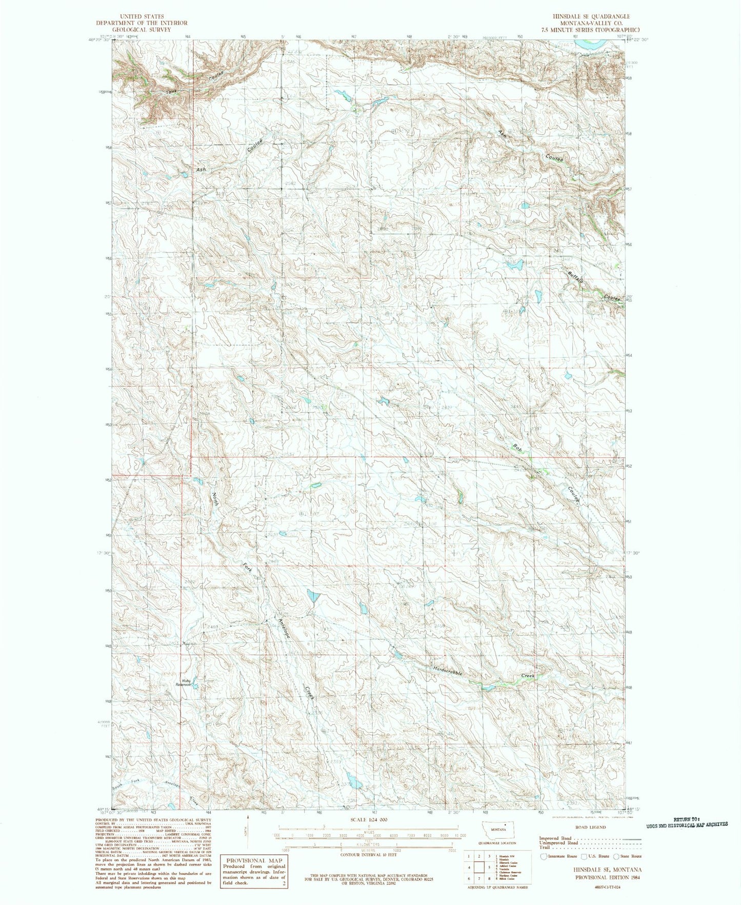 Classic USGS Hinsdale SE Montana 7.5'x7.5' Topo Map Image
